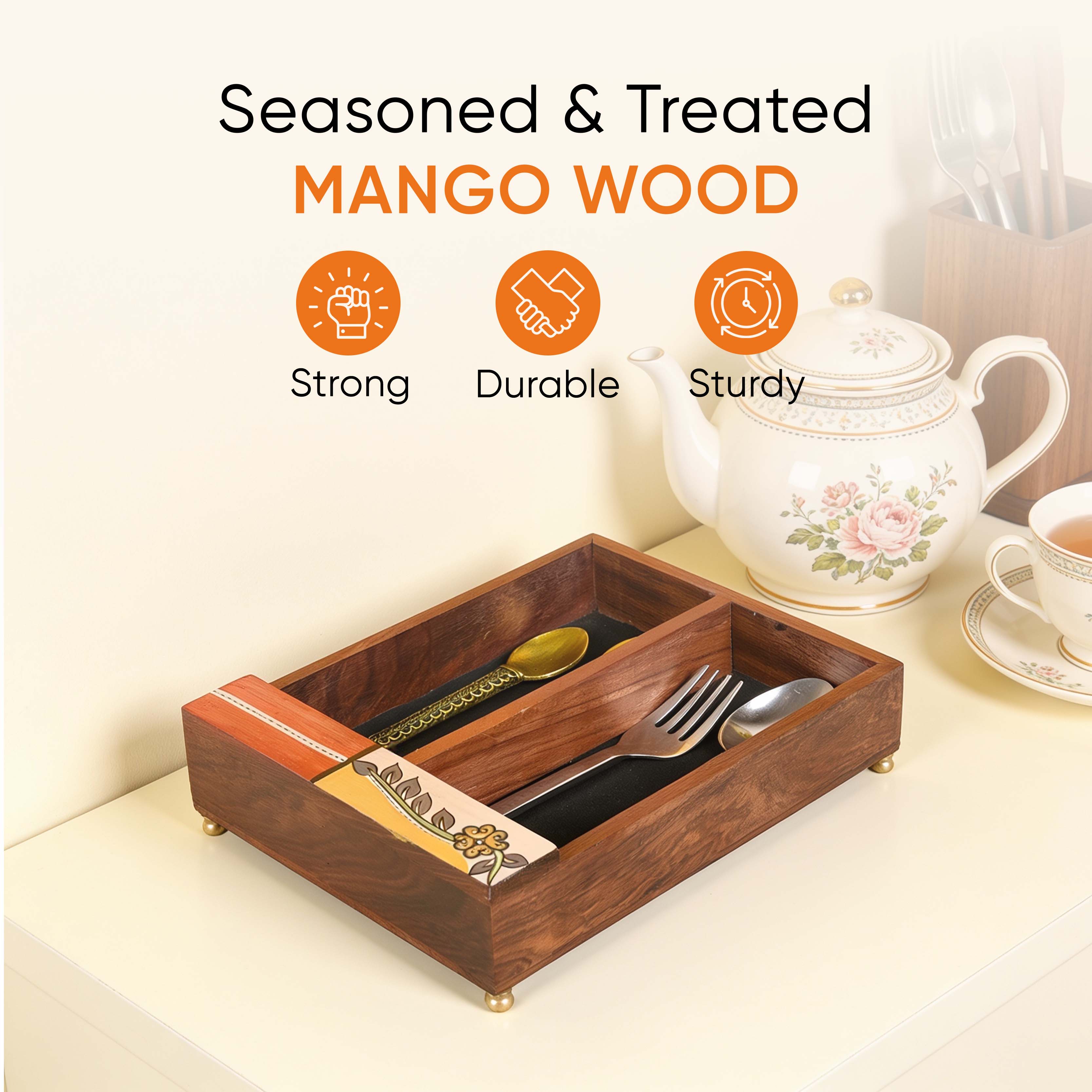 Cutlery Holder Handcrafted in Wood with Flower Motif (9x7x2.2")