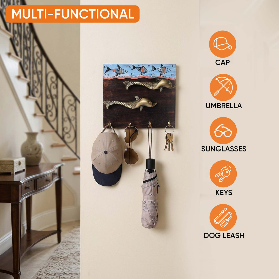 Key Holder Handcrafted Tribal Art Fish Handle 4 keys (7x2x6.2)