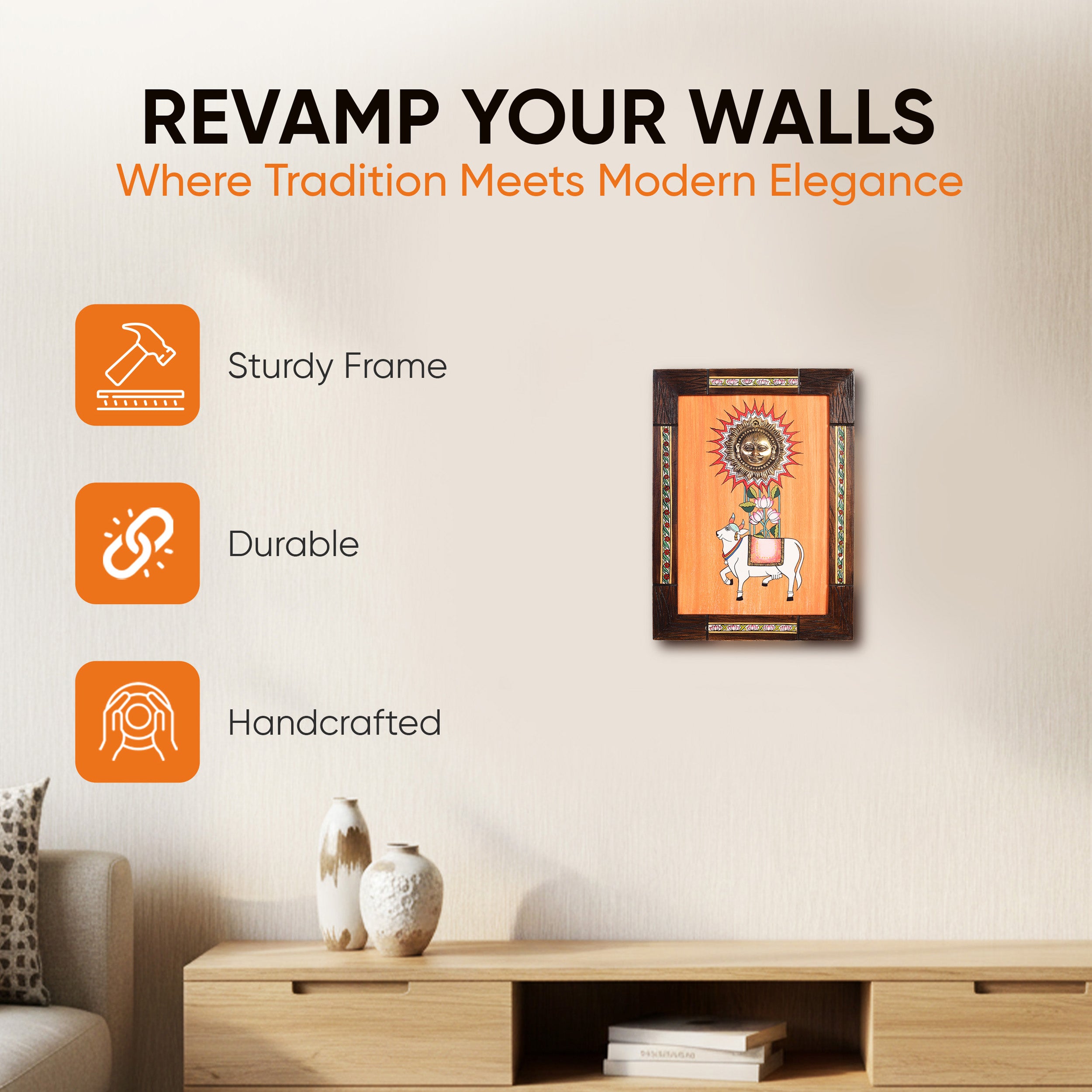 Nandi Wall Accent with beautiful painting of Nandi and Shiva in Brass in Backdrop