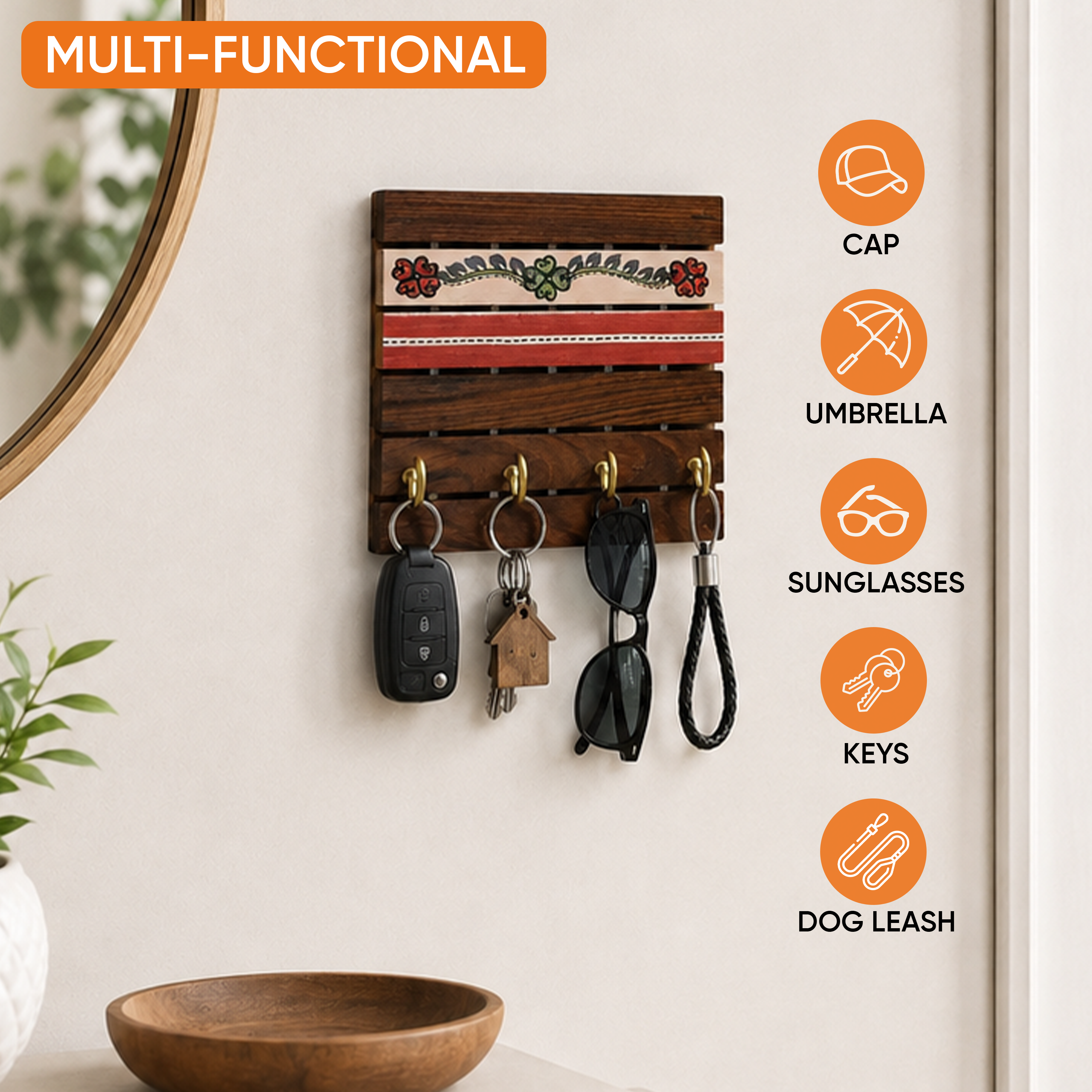 Key Holder Handcrafted Tribal Art 4 Keys (6x1.4x6)