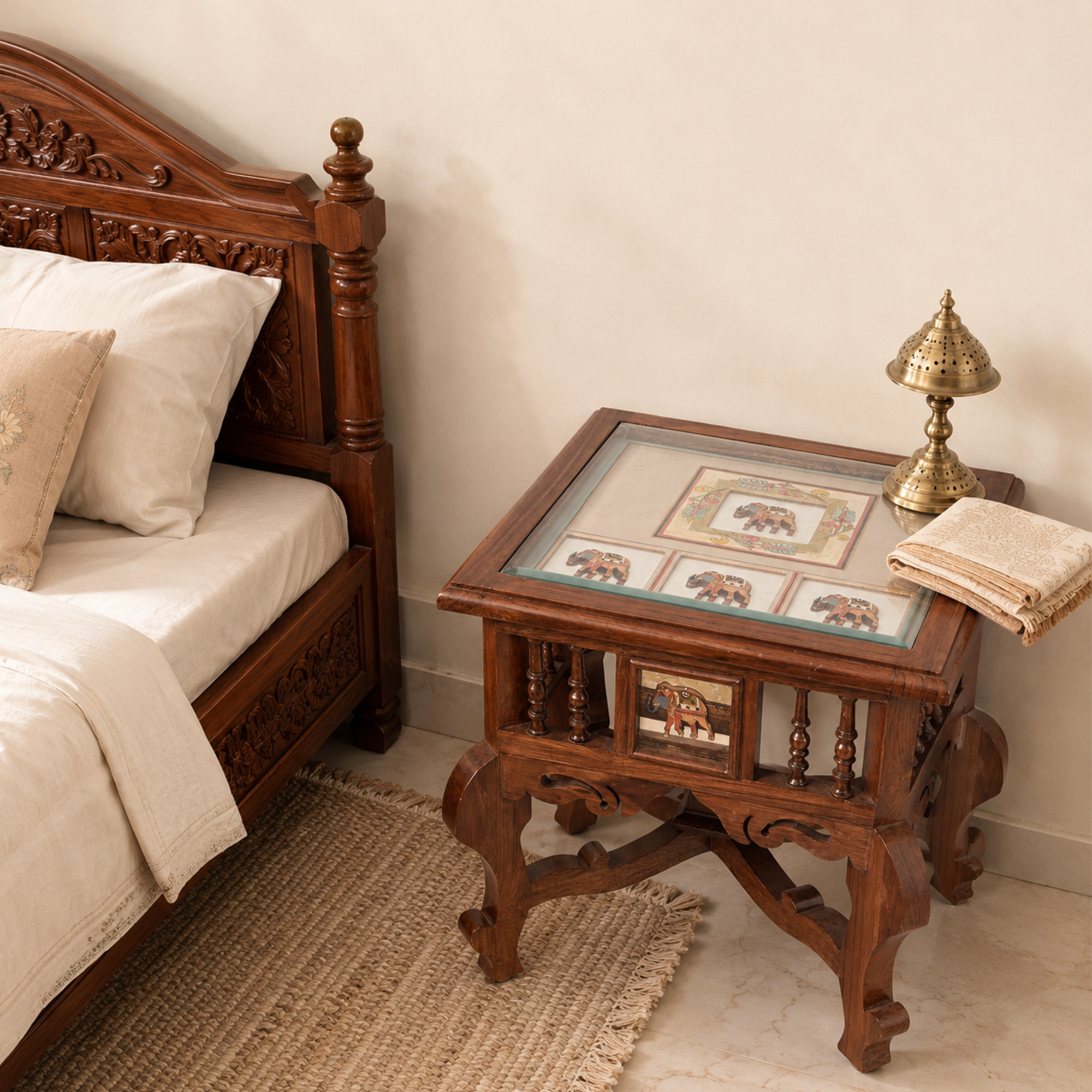 Mahi-I Bedside Table with Oriental Legs in Teakwood with Walnut Matte Finish