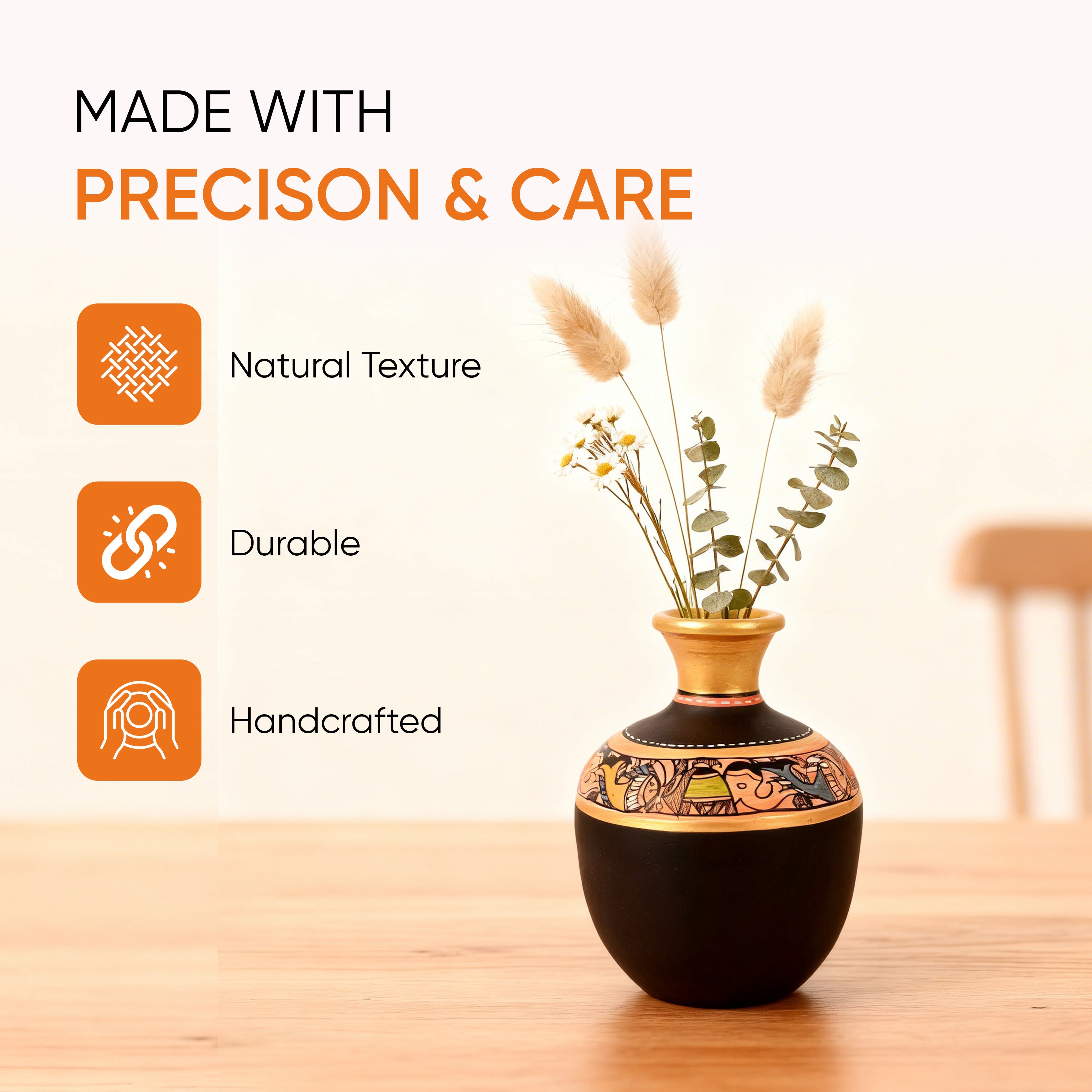 Vase Earthen Handcrafted Black Madhubani 6x4(HxD)