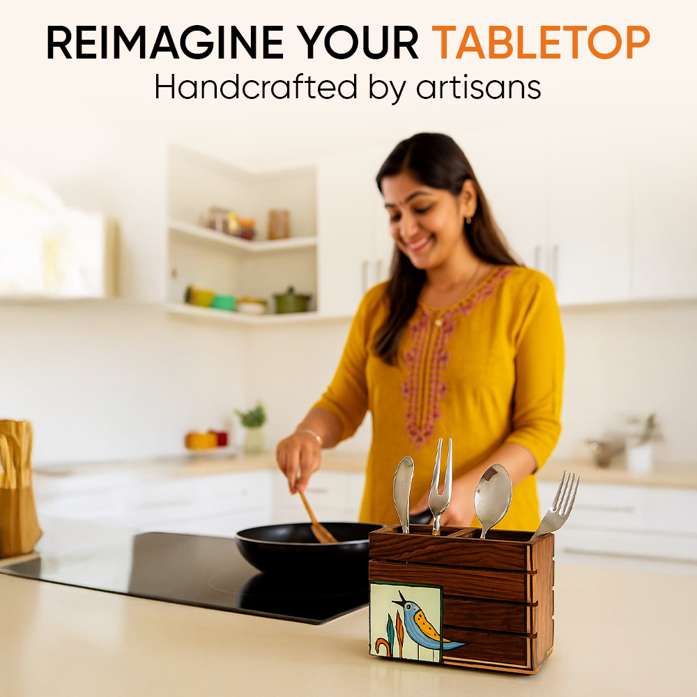 Kyoku Hand Painted Wooden Cutlery Holder, Compact Organizer for Dining Table and Kitchen