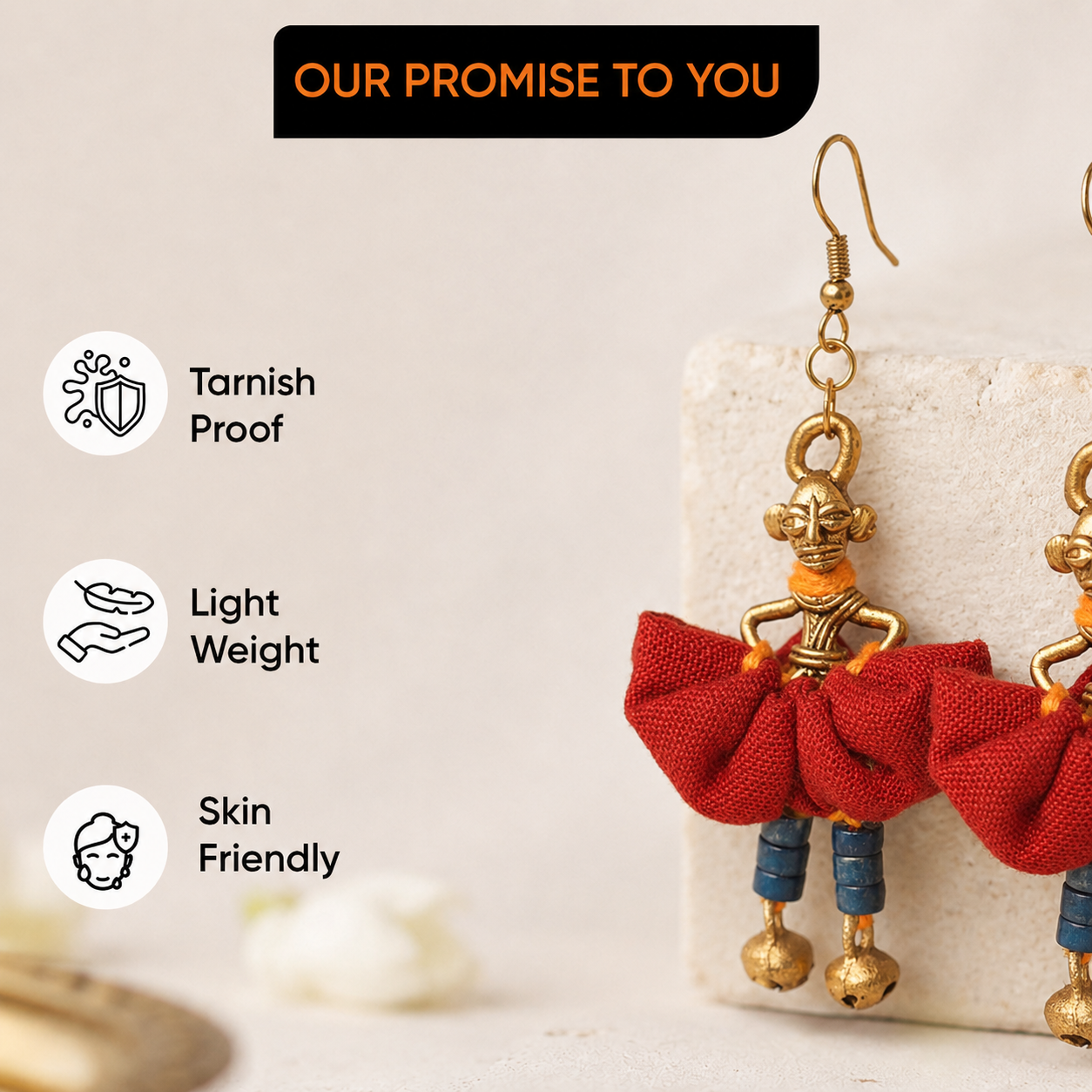 The Dancing Empress Handcrafted Tribal Dhokra Earrings in Sunset Orange