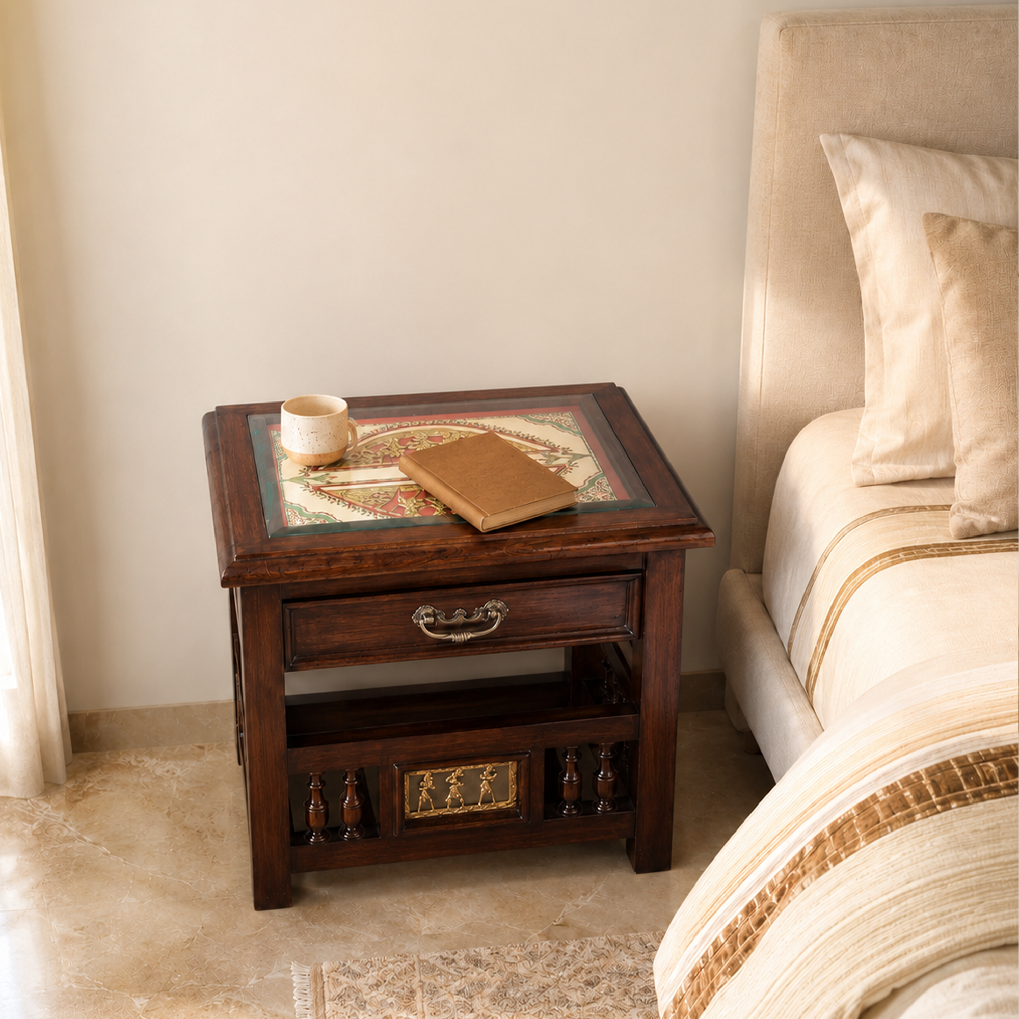 Myra Side Table in Teakwood with Walnut Finish, with Drawer (18x15x17)