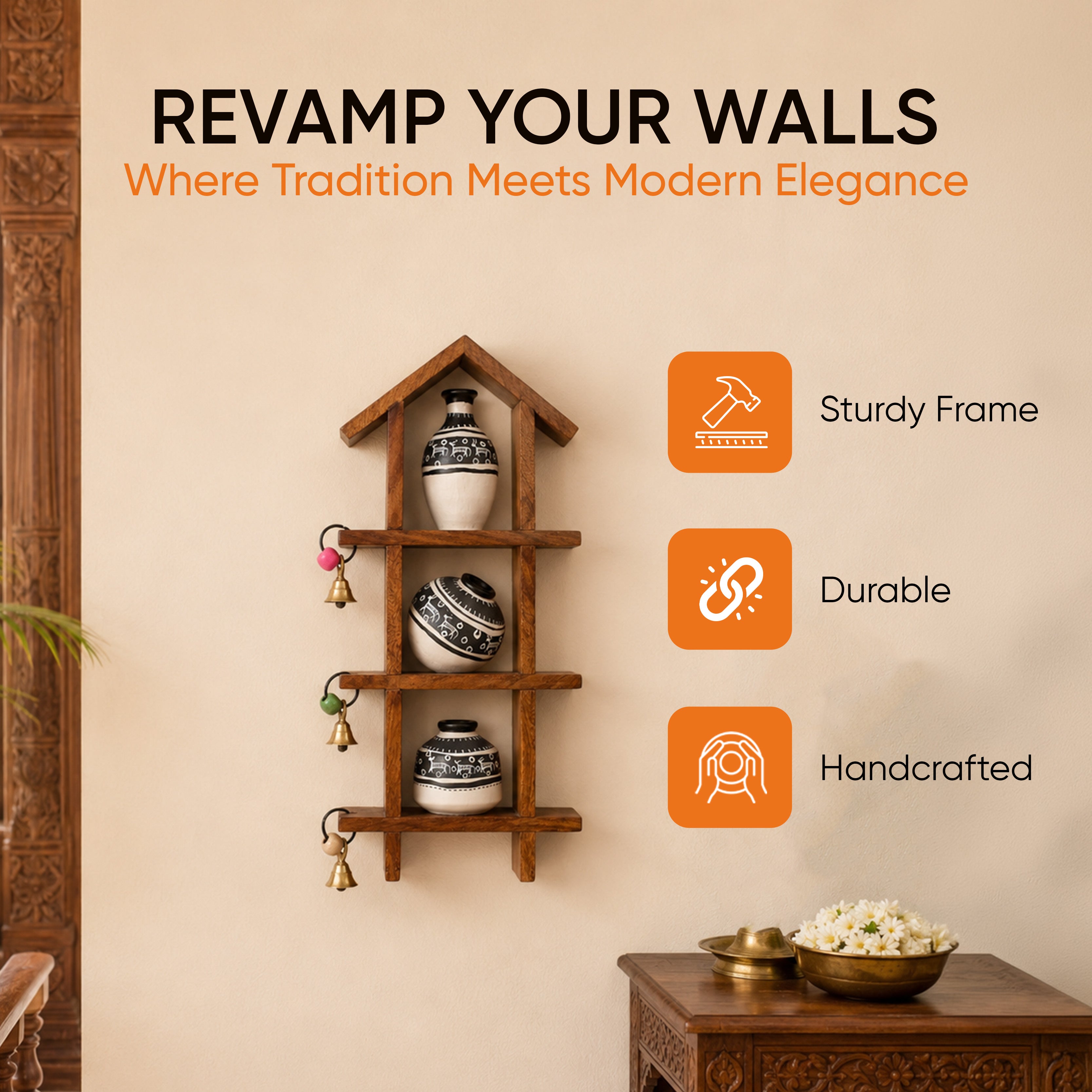 Wall Decor Ladder & 3 Handcrafted Warli White Pots (6x2x13)
