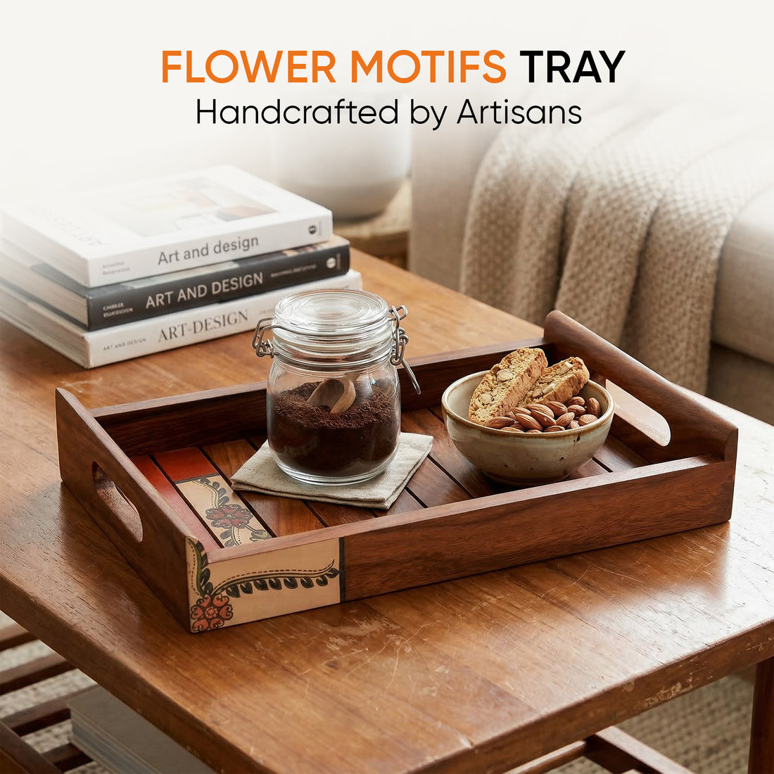 Tray Handpainted with Flower Motifs Handcrafted in Sheesham Wood (13x7.2")