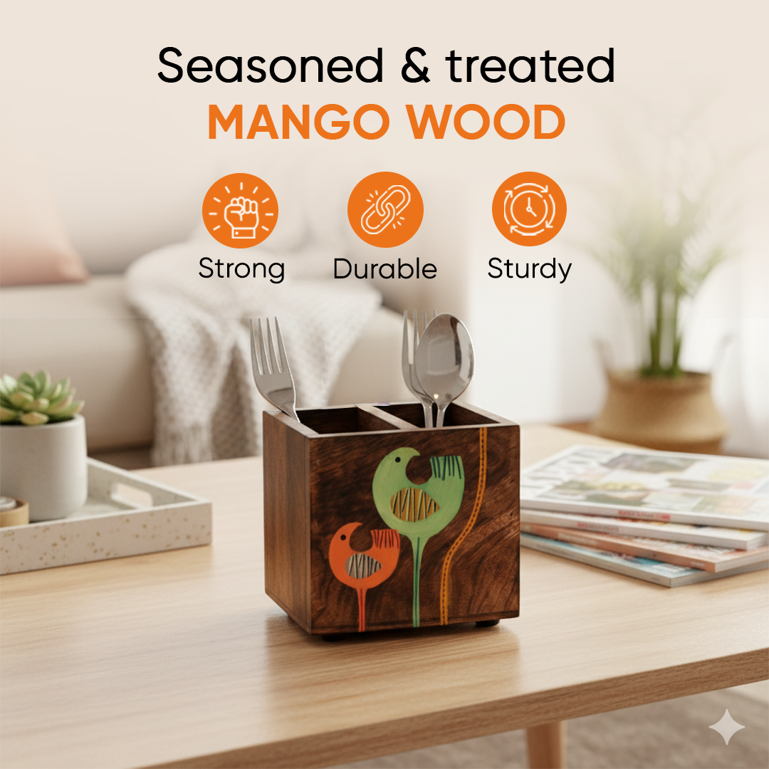 Luna & Leo Hand Painted Wooden Cutlery Holder, Stylish Organizer for Dining Table and Kitchen