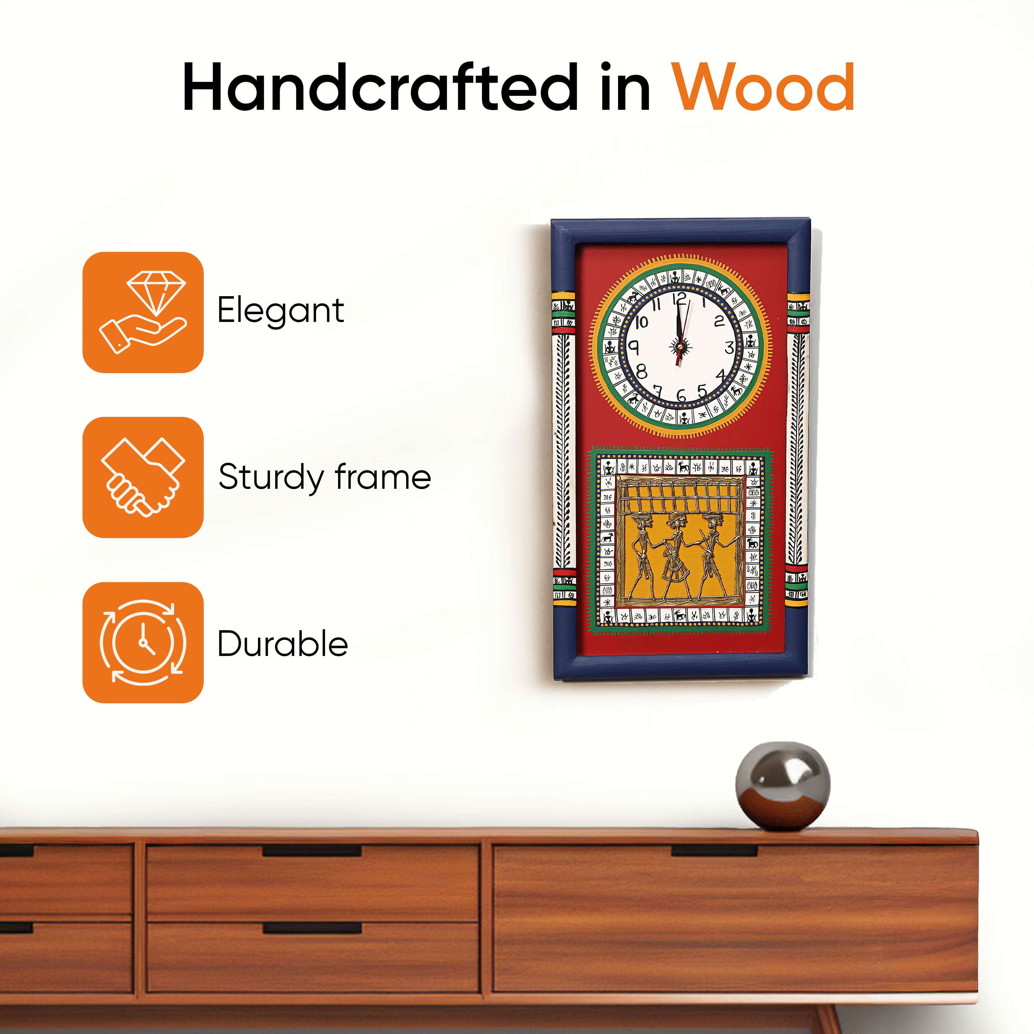 Desi Dhokra Wall Clock Warli Dial with Glass Frame (10x18)