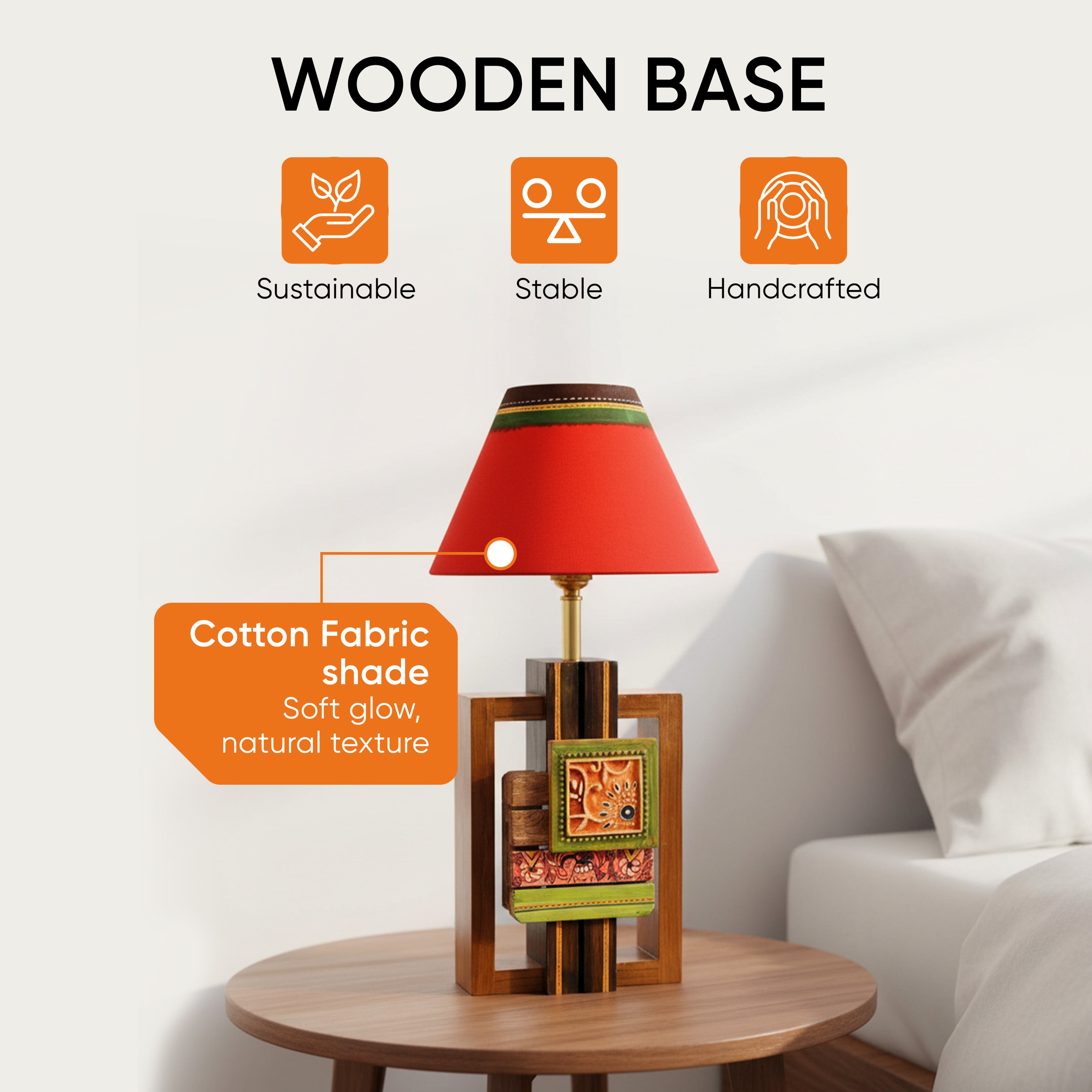 Table Lamp Handcrafted in Wood with Tribal Motifs & White Shade (6x4x12.5")