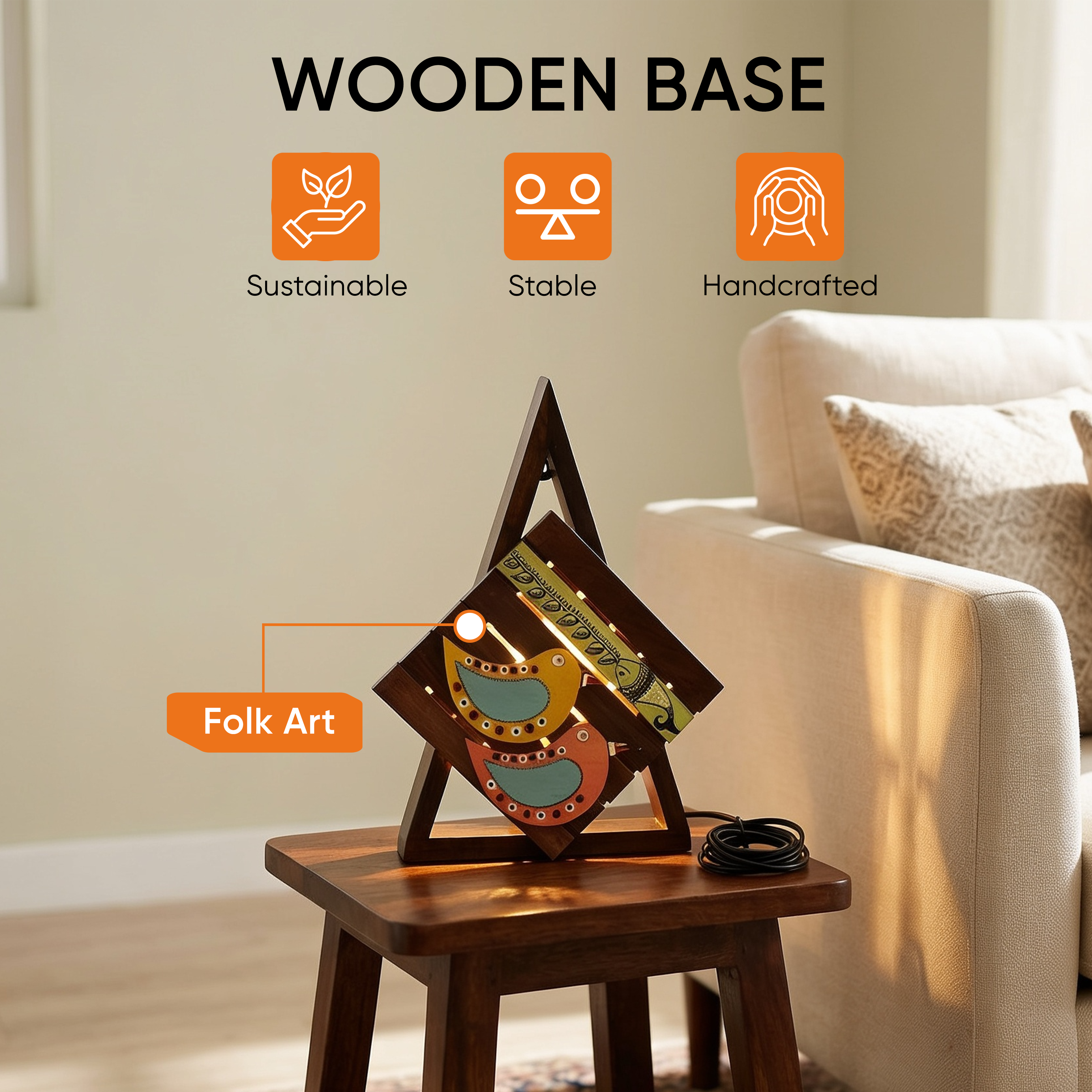 Table Lamp Handcrafted in Wood with Tribal & Bird Motifs (8.4x2.6x12")