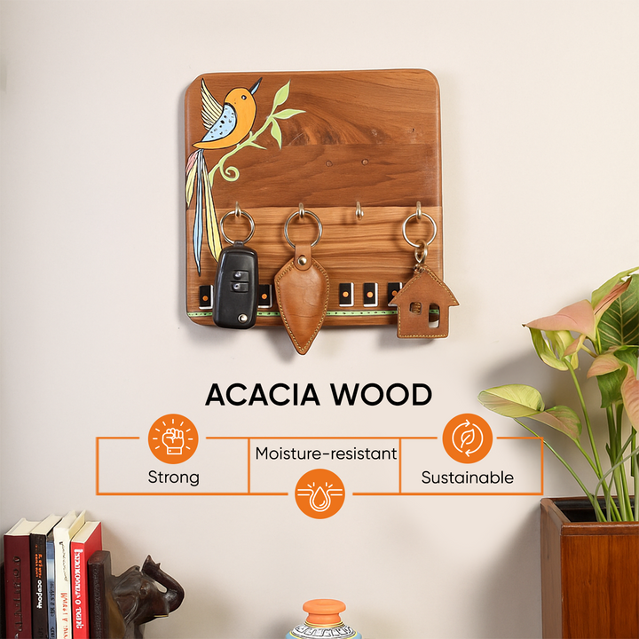 Kyoku Hand Painted Wooden Key Holder, Wall Mounted Key Hanger with Colorful Bird Art for Home and Entrywaydecor