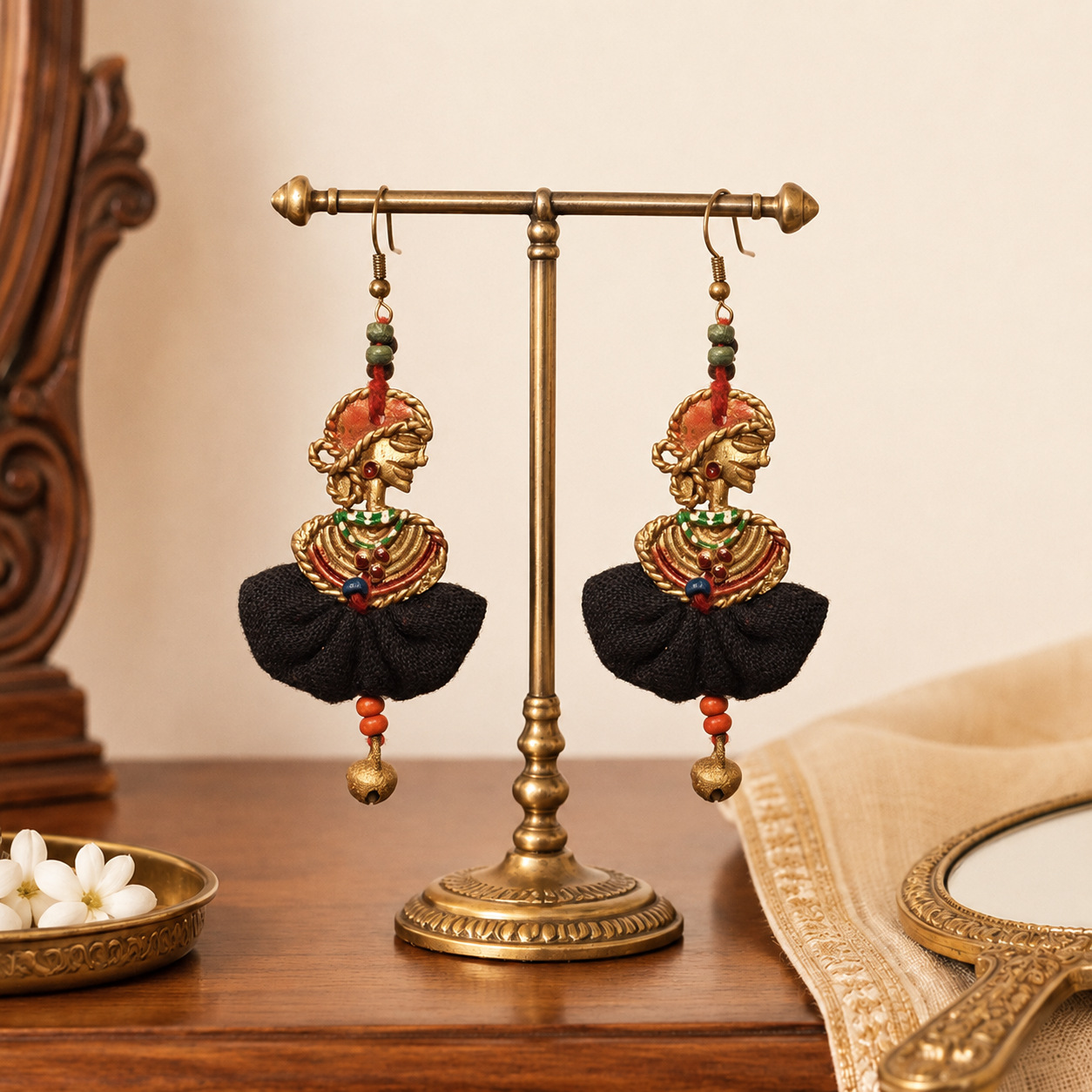 The Dancing Empress Handcrafted Tribal Dhokra Earrings in Jet Black