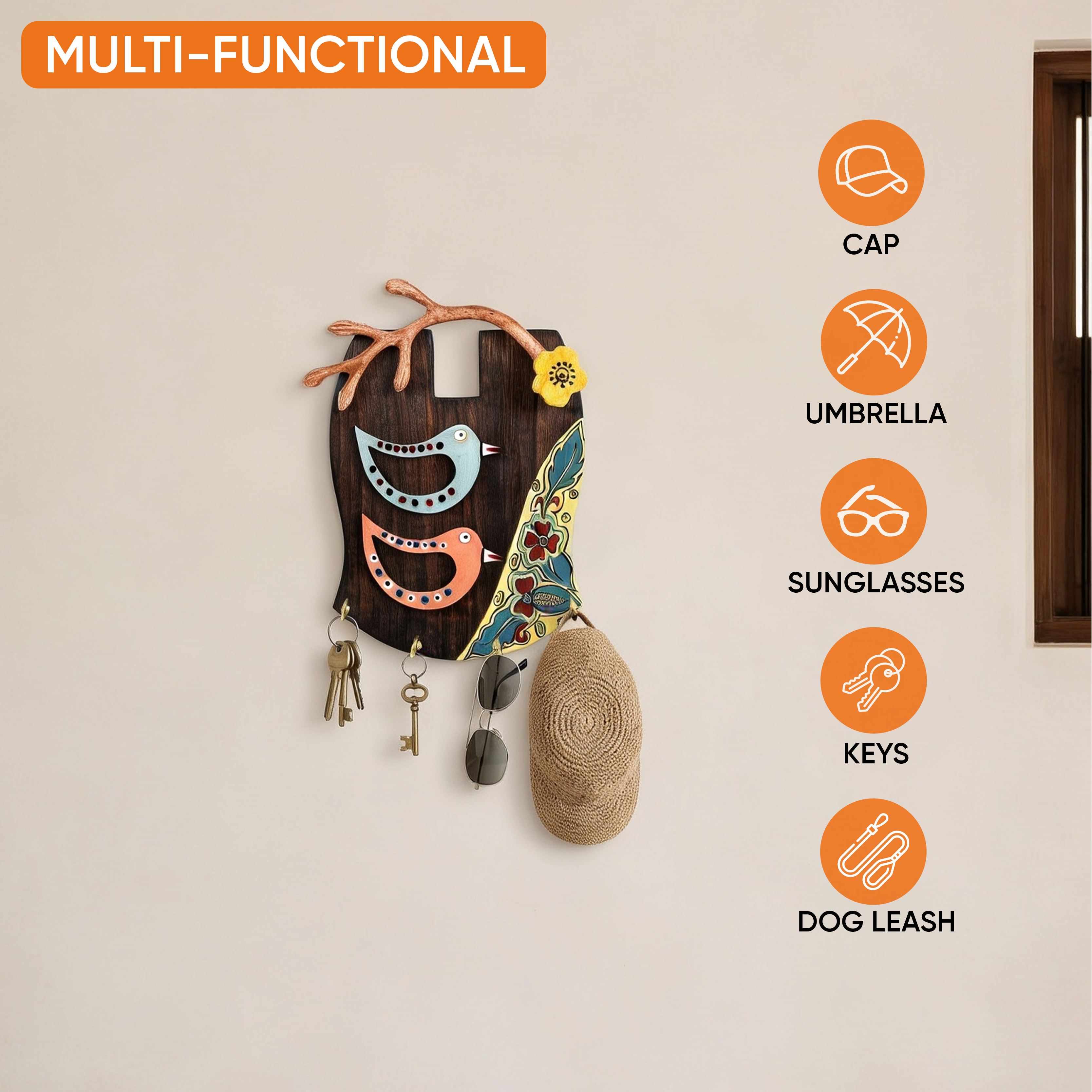 Key Holder Handcrafted Tribal Art Bird Theme 4 keys (7.5x2x10)