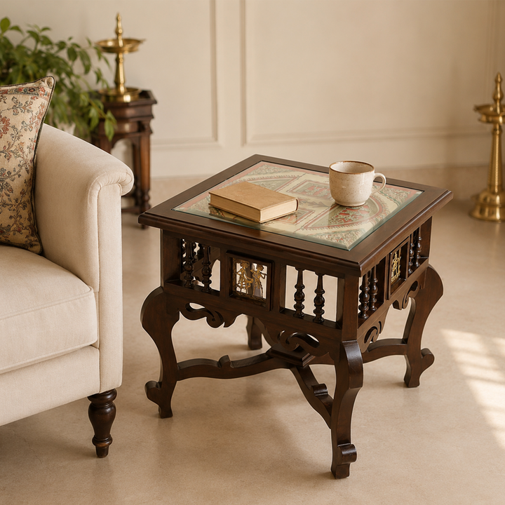 Munich-II Bedside Table with Oriental Legs in Teakwood with Walnut Finish (18x18x18)