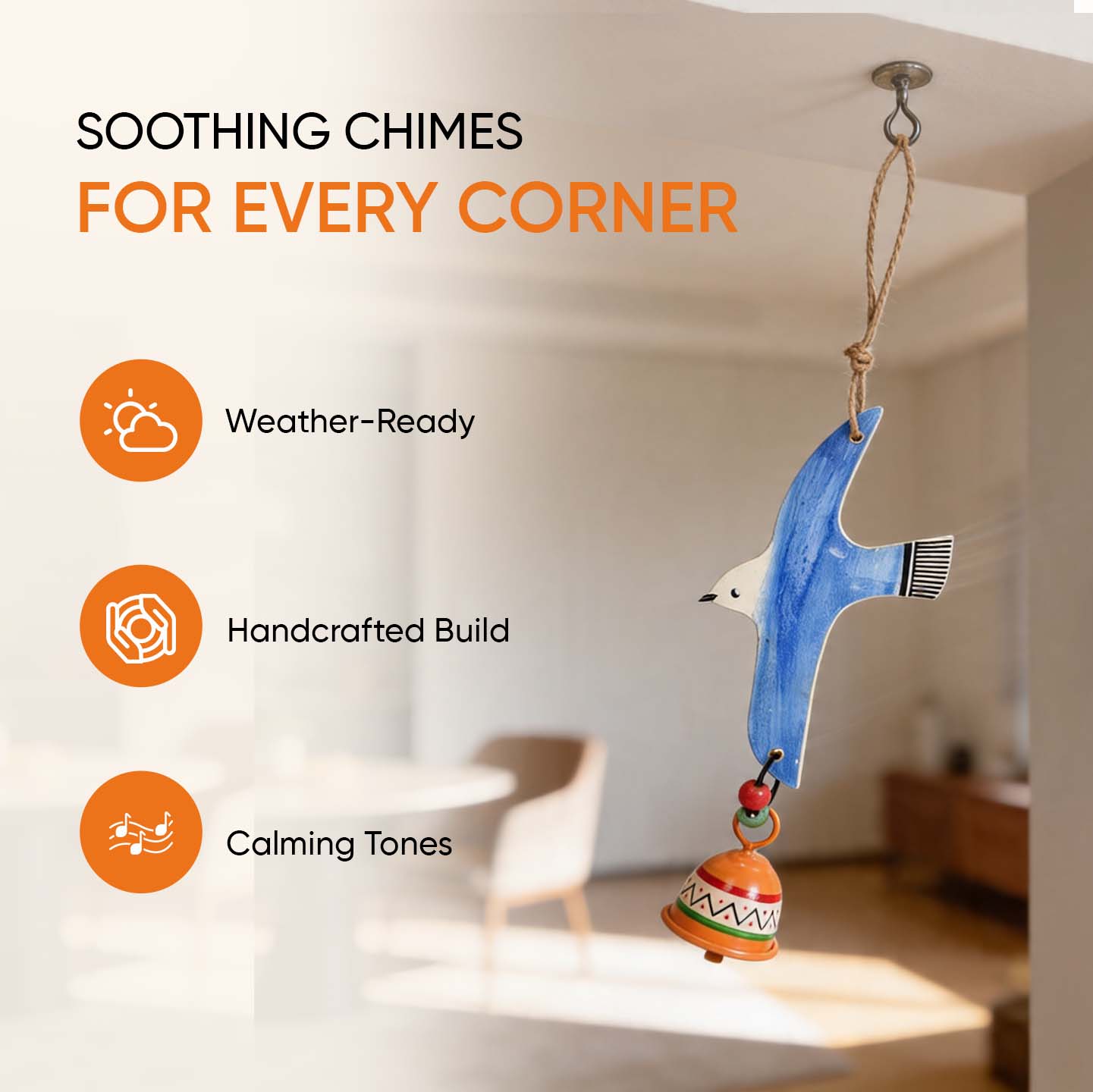 Blue Fly Bird Wind Chimes with Metal Bell for Home Decoration