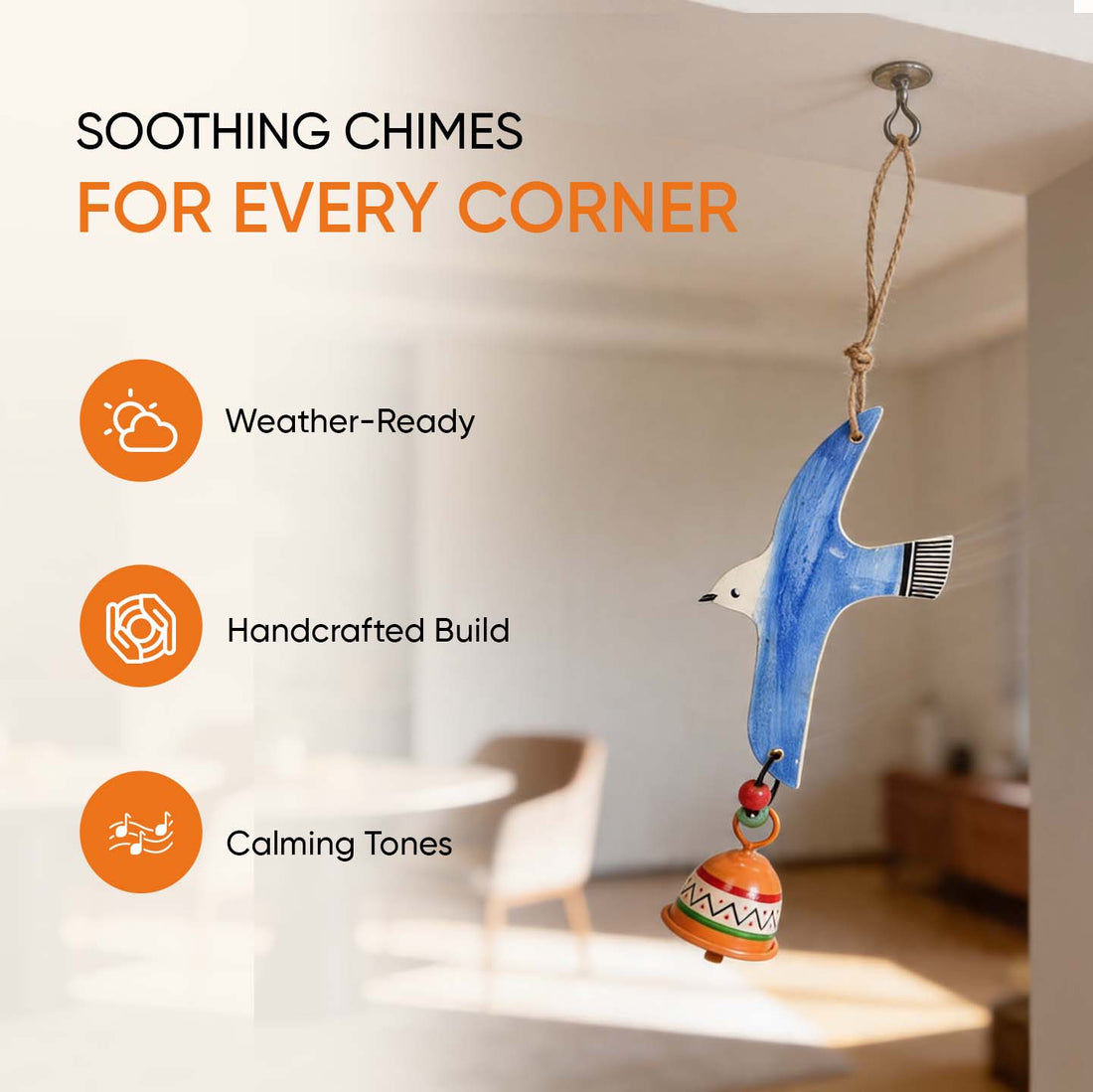 Blue Fly Bird Wind Chimes with Metal Bell for Home Decoration