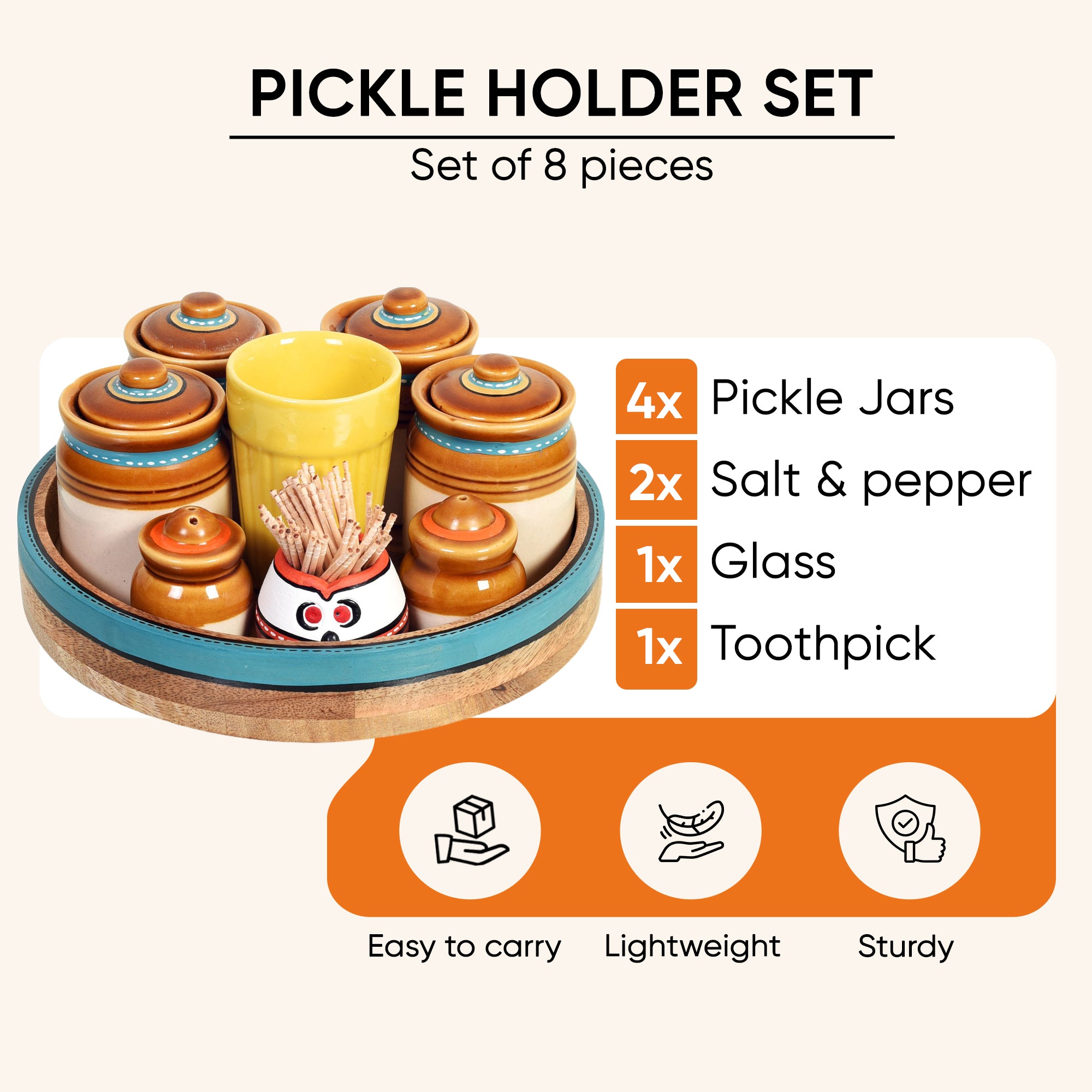 Granny Pickle Tray, Traditional Ceramic Pickle Jar Set with Wooden Tray and Utility Holders