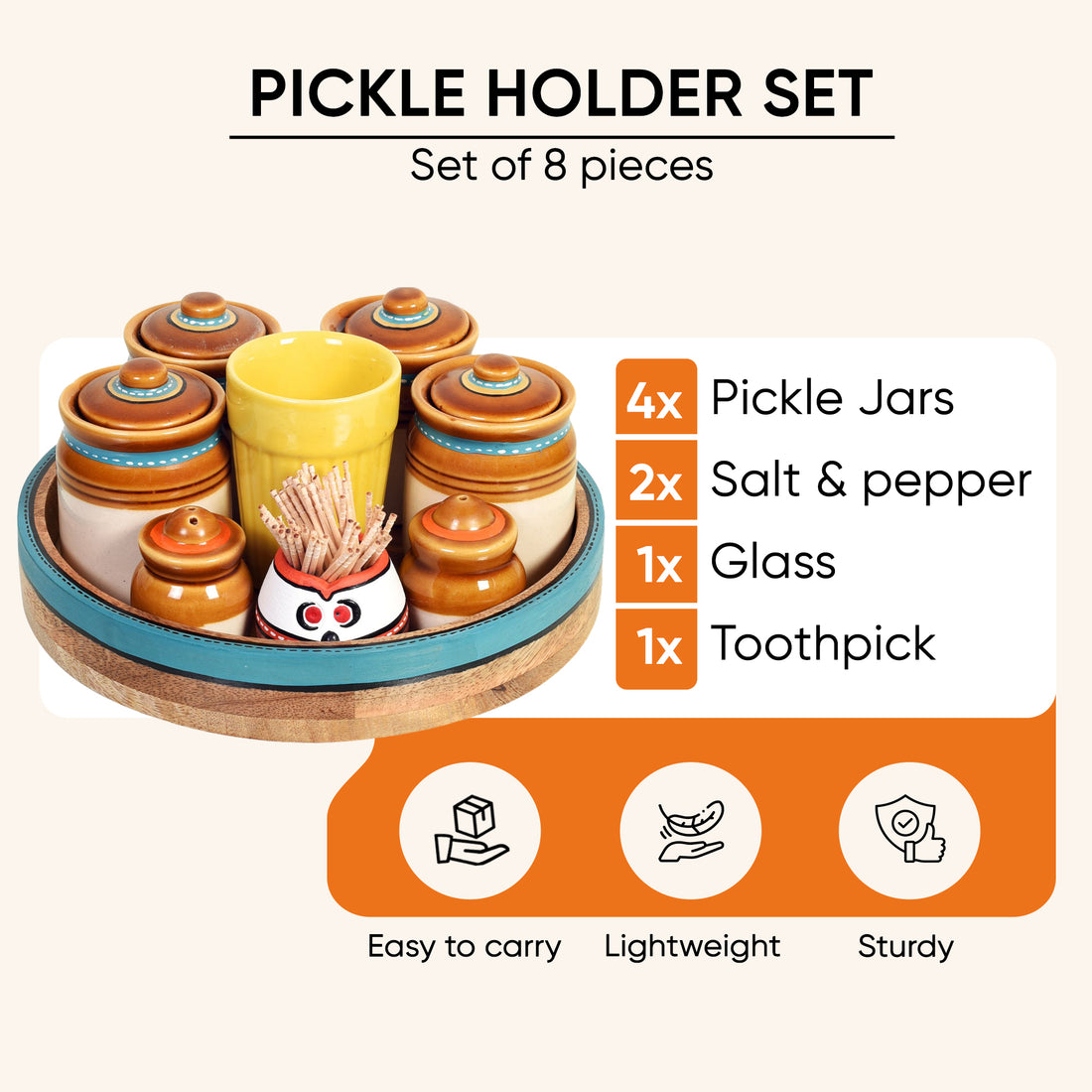 Granny Pickle Tray, Traditional Ceramic Pickle Jar Set with Wooden Tray and Utility Holders