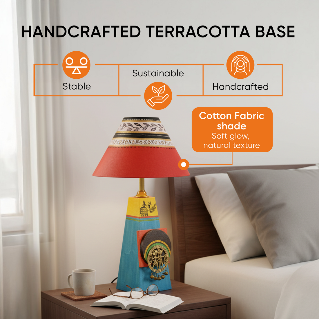 Turquoise Blue Lamp Embellished with Dhokra Brass Tiles & Red Shade