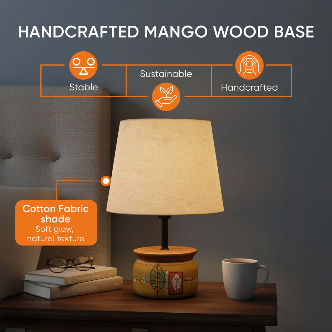 Handcrafted Wooden Table Lamp with Round Base and Fabric Shade, Decorative Bedside and Living Room Lighting