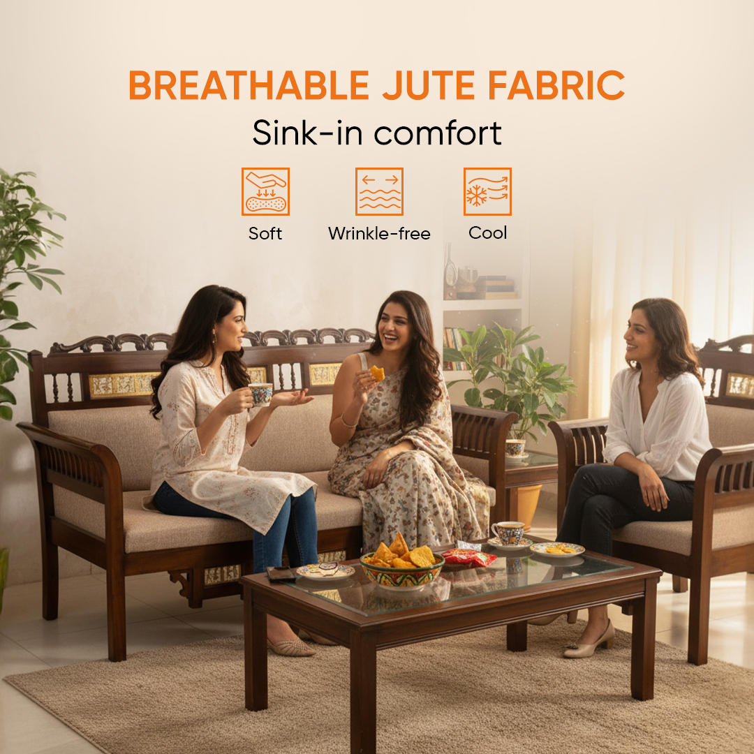 Maharaja Three Seater Sofa in Teakwood with Walnut Finish adorned with Dhokra Brass Frames