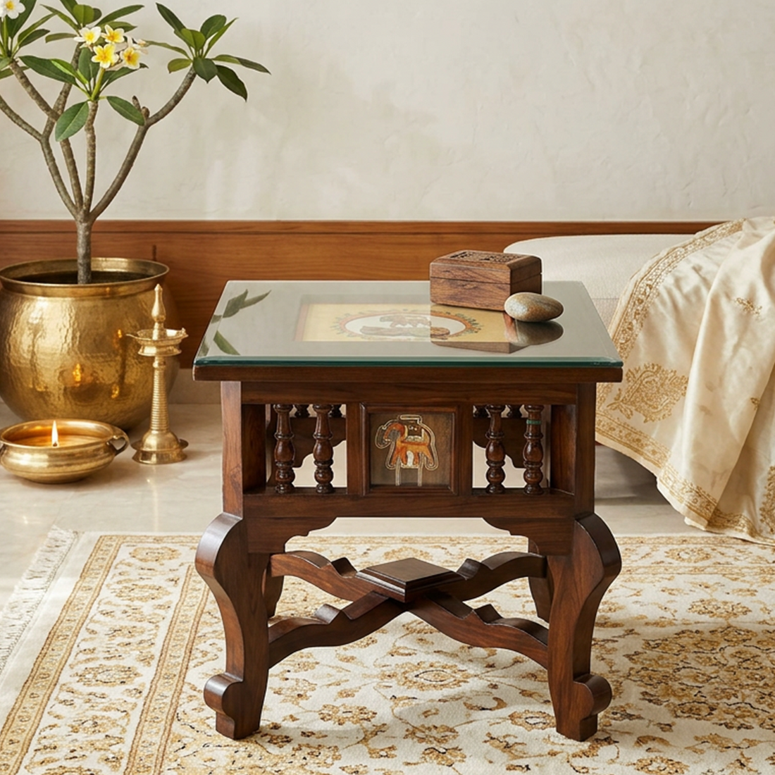 Mahi Bedside Table with Oriental Legs in Teakwood with Walnut Matte Finish