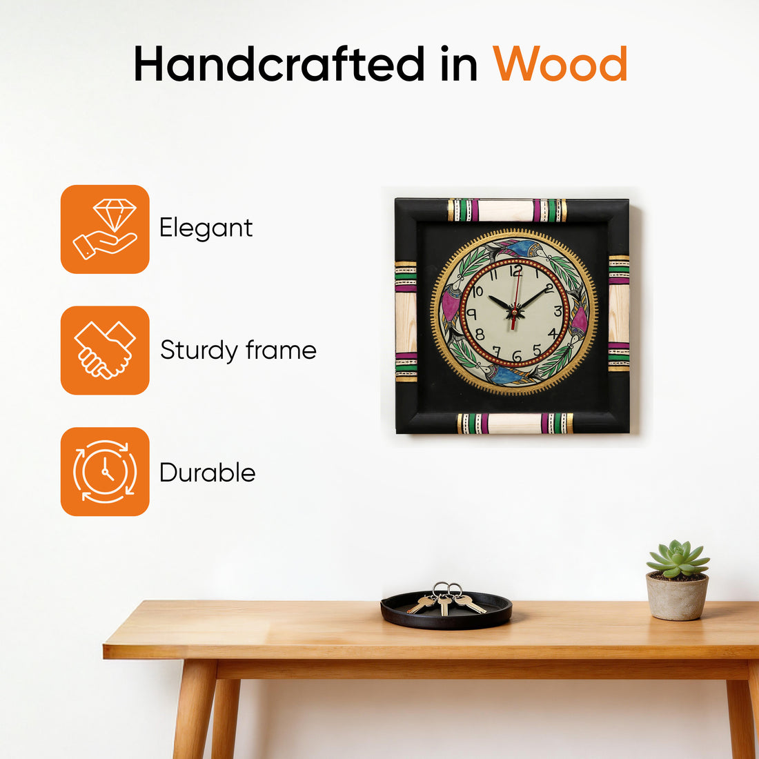 Wall Clock Handcrafted Warli Art Black Dial with Glass Frame (10x10)