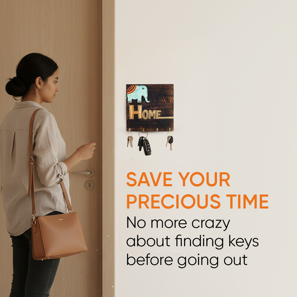 Hola Wooden Key Holder with Hand Painted Elephant and HOME Design, Wall Mounted Key Organizer for Homedecor