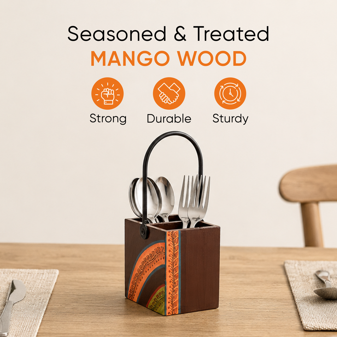 Cutlery Stand with Floral Patterns Handcrafted in Wood with Iron Handle (4x4x8.5)