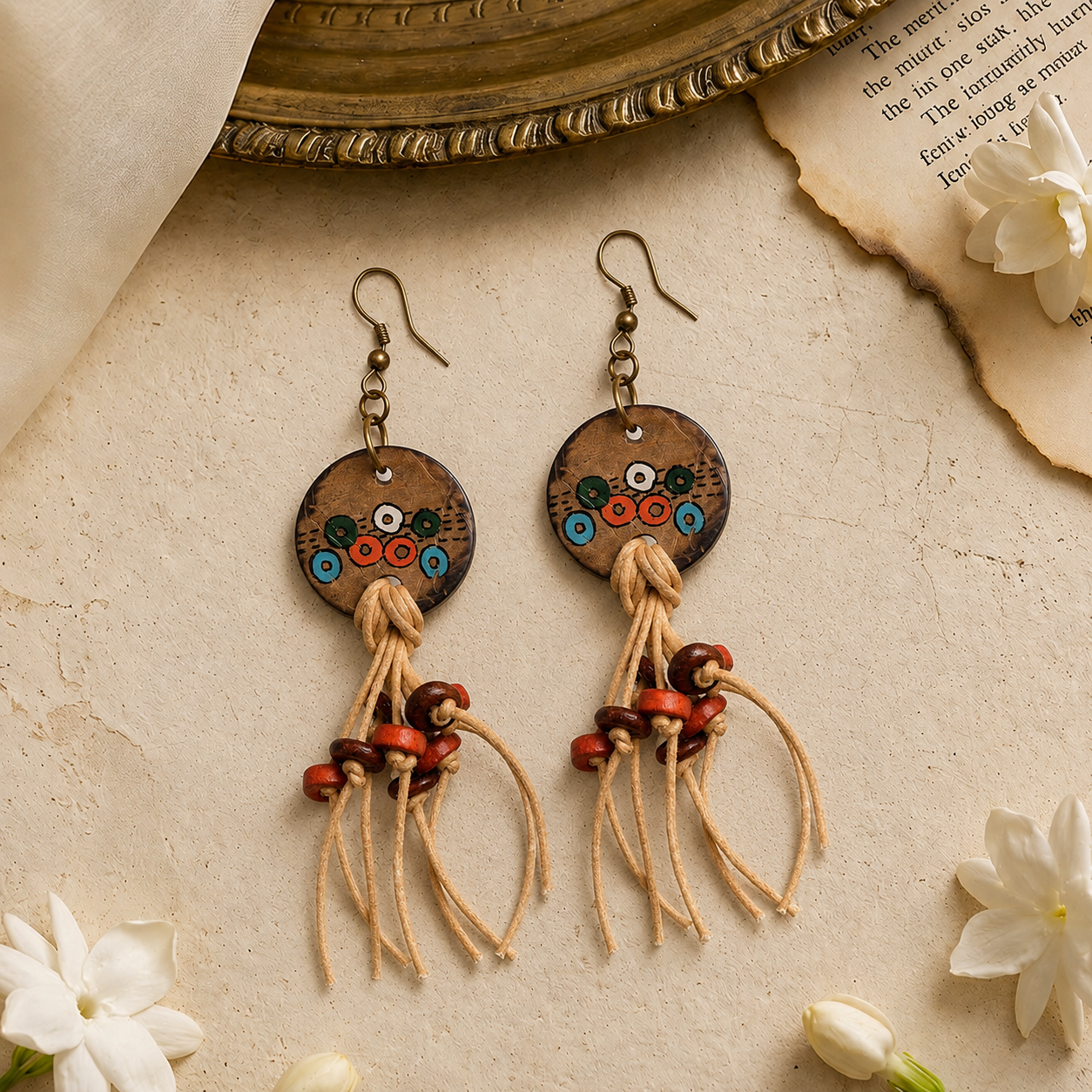Rustic Loops: Handcrafted Wooden Earrings with Falling Strings