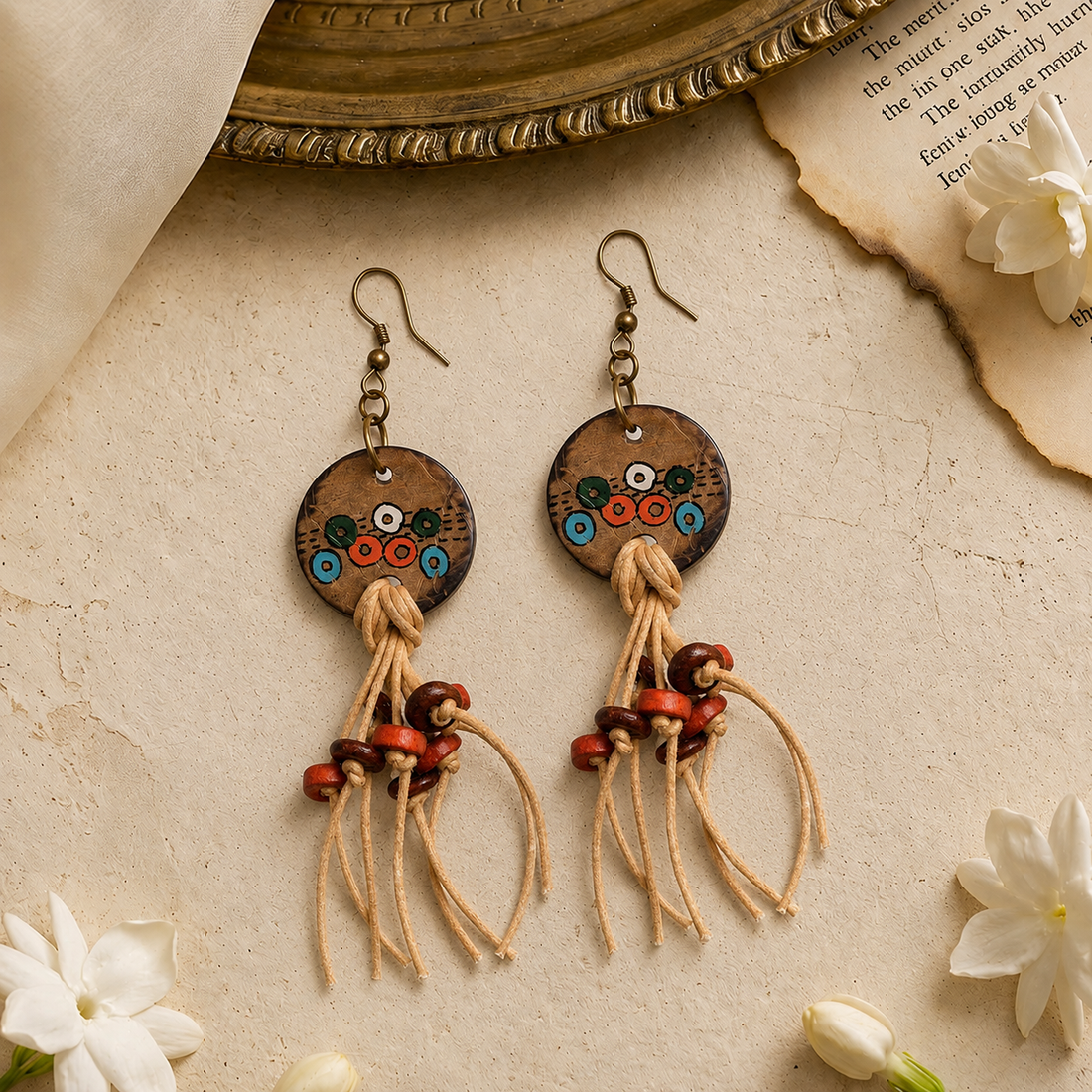 Rustic Loops: Handcrafted Wooden Earrings with Falling Strings