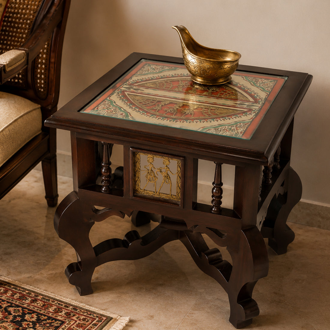 Munich Bedside Table with Oriental Legs in Teakwood with Walnut Finish (16x16x16)