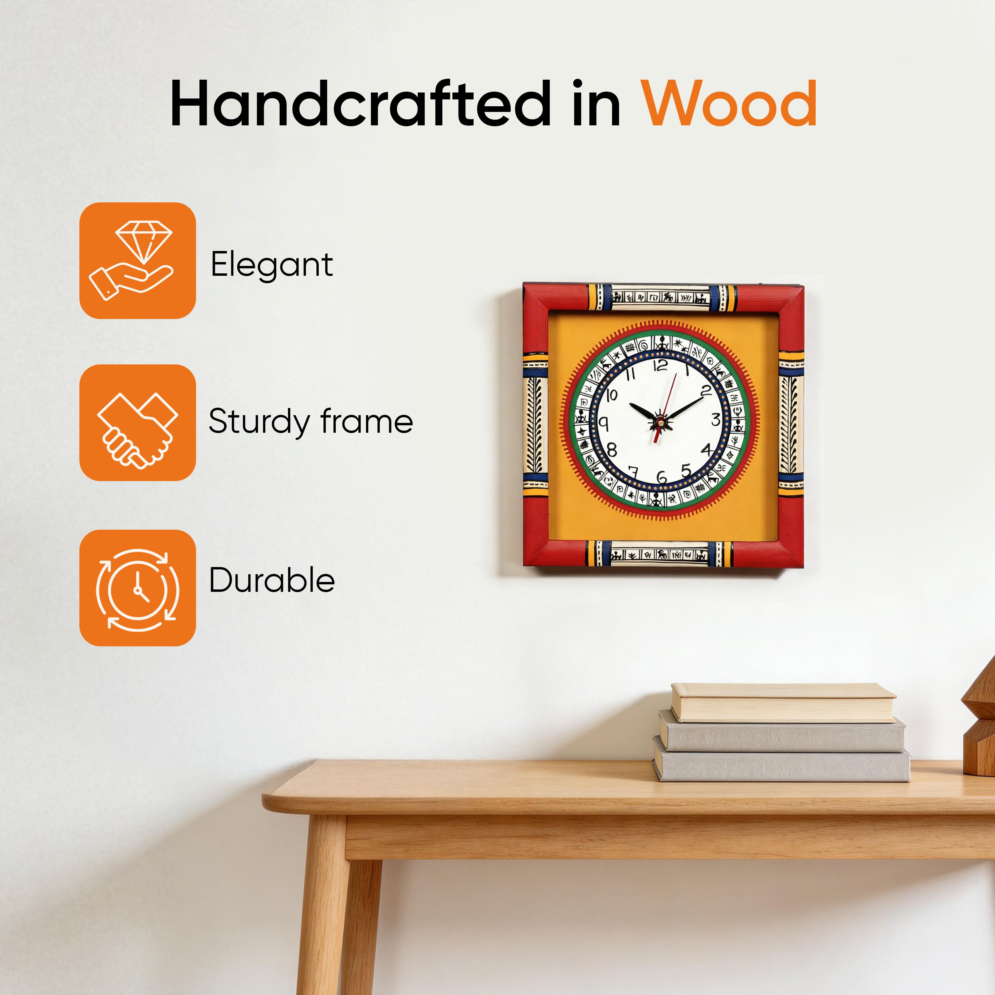 Dosera wall clock Warli Art Yellow Dial with Glass Frame (10x10)