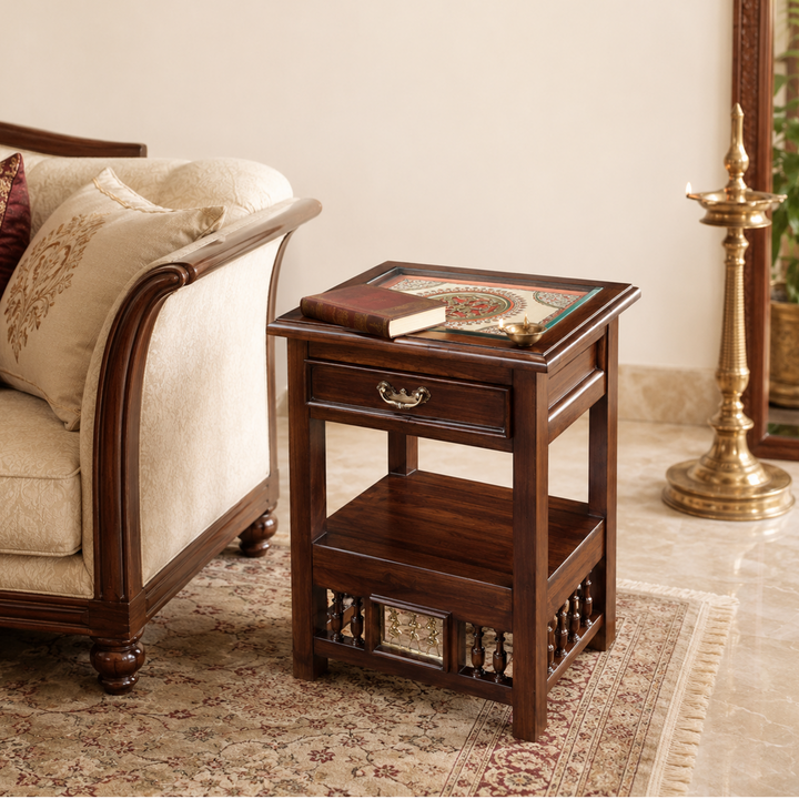 Myra-I Side Table in Teakwood with Walnut Matte Finish, with Drawer (18x15x24)