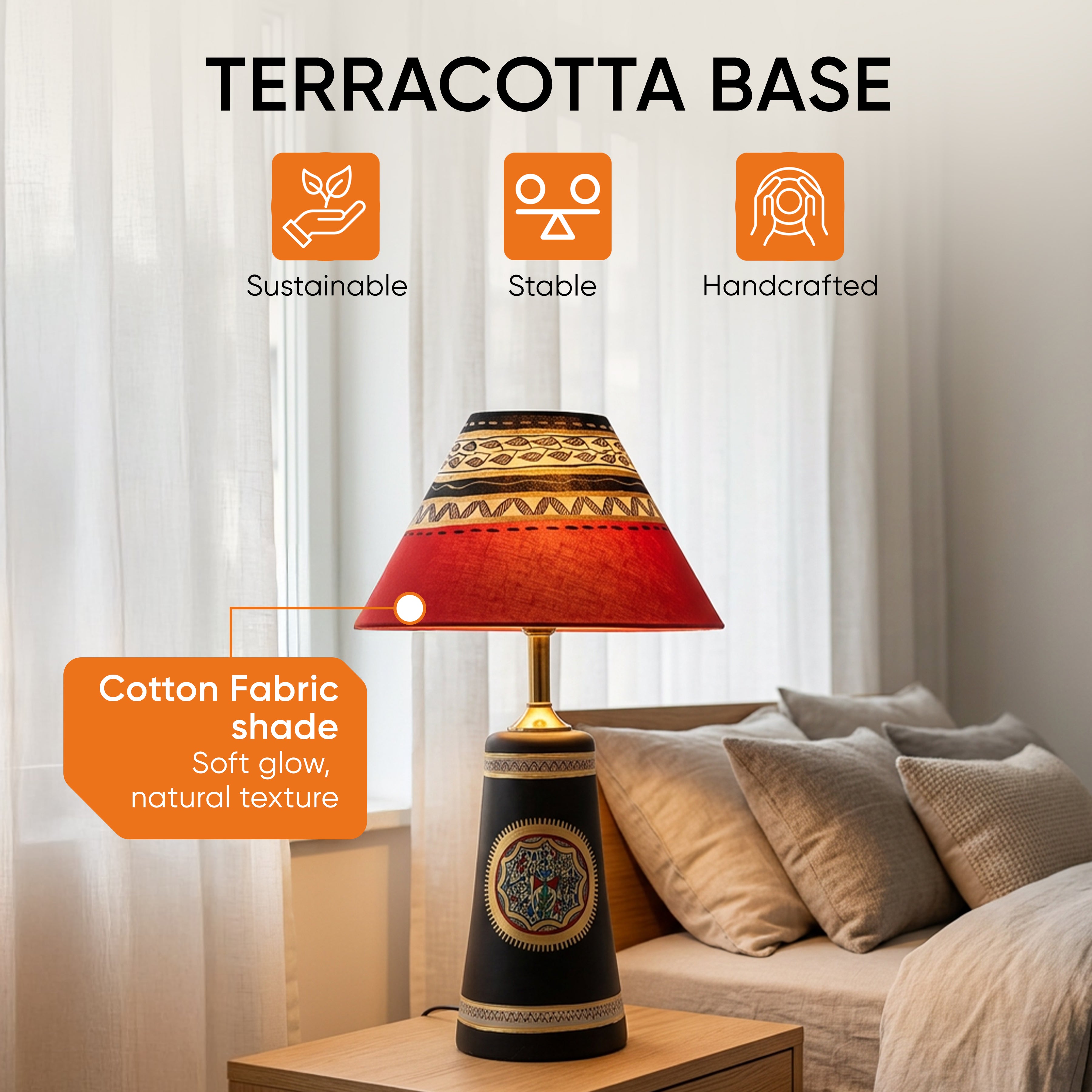 Soma Table Lamp- Hand Painted with warli Art in Black with Red Hand Painted Fabric Shade