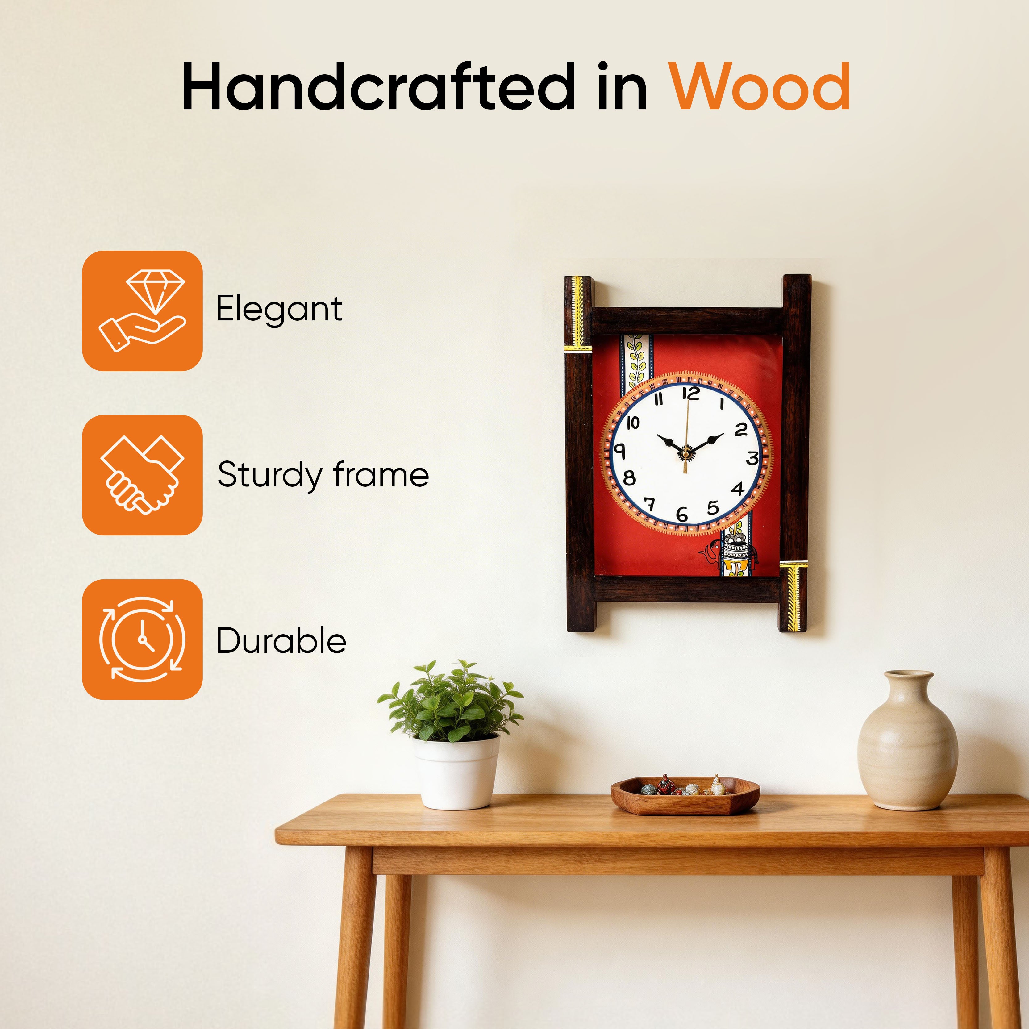 Wall Clock Handcrafted Wooden Tribal Art with Glass (9x1x14)