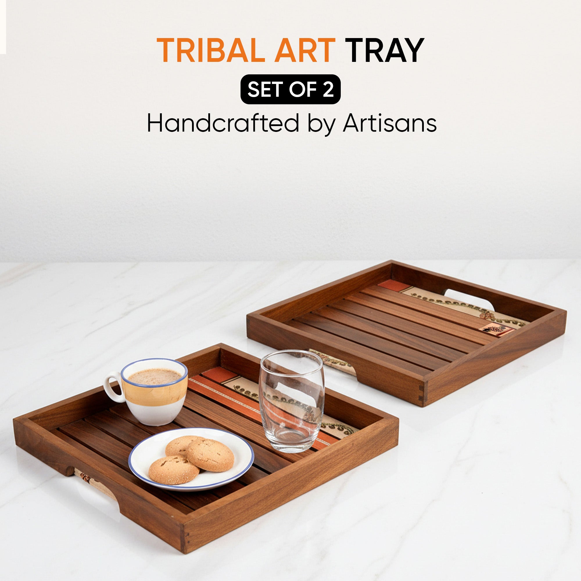 Trays with Tribal Art Handcrafted in RoseWood (set of 2) (12x12/10.6x10.6")
