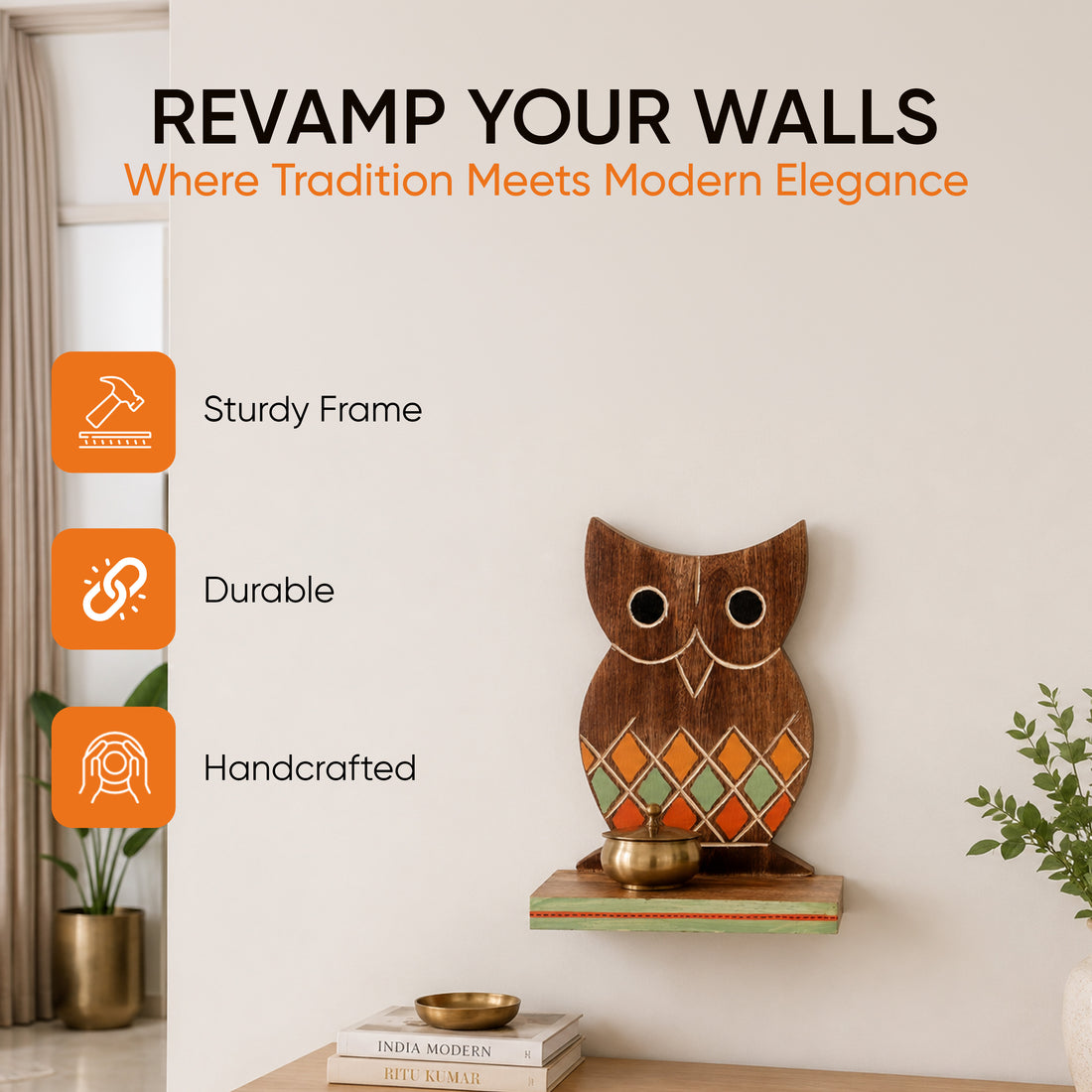 Wall Decor Handcrafted Wooden Tribal Art Owl Shelf (6.5x4x9.2)