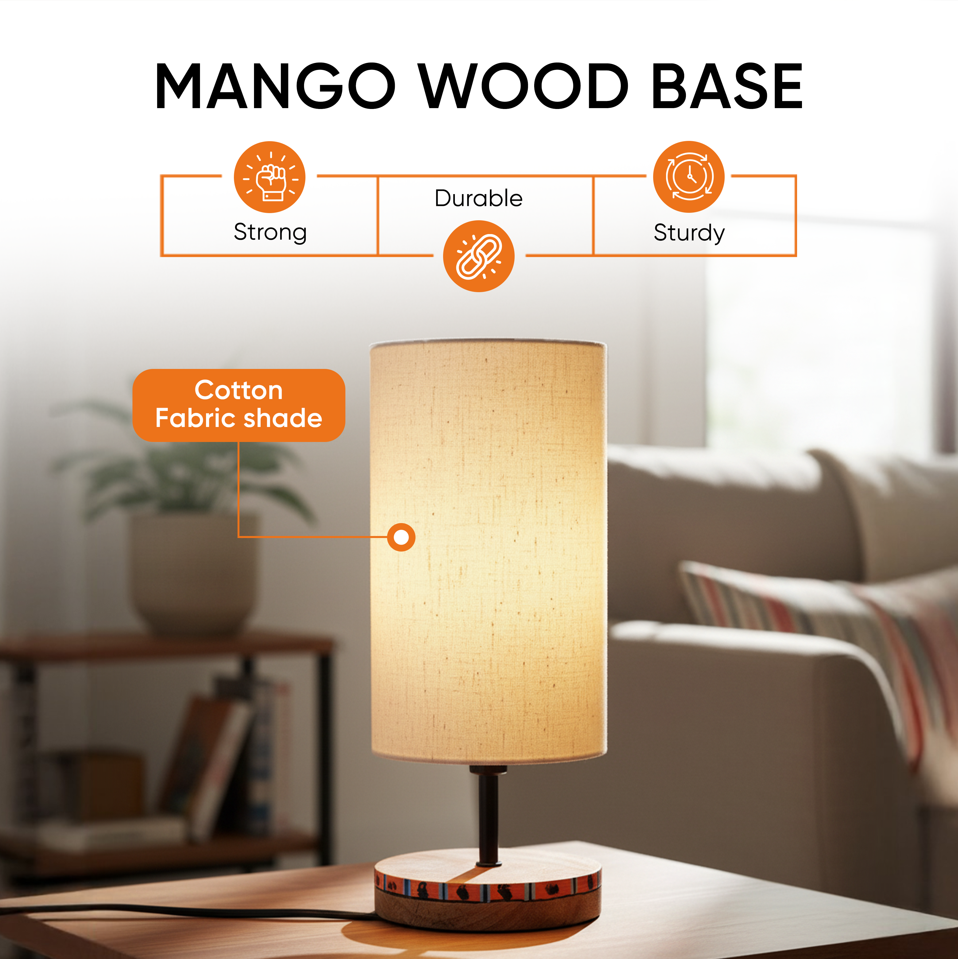 Handcrafted Wooden Table Lamp with Fabric Shade, Modern Bedside and Living Room Lighting