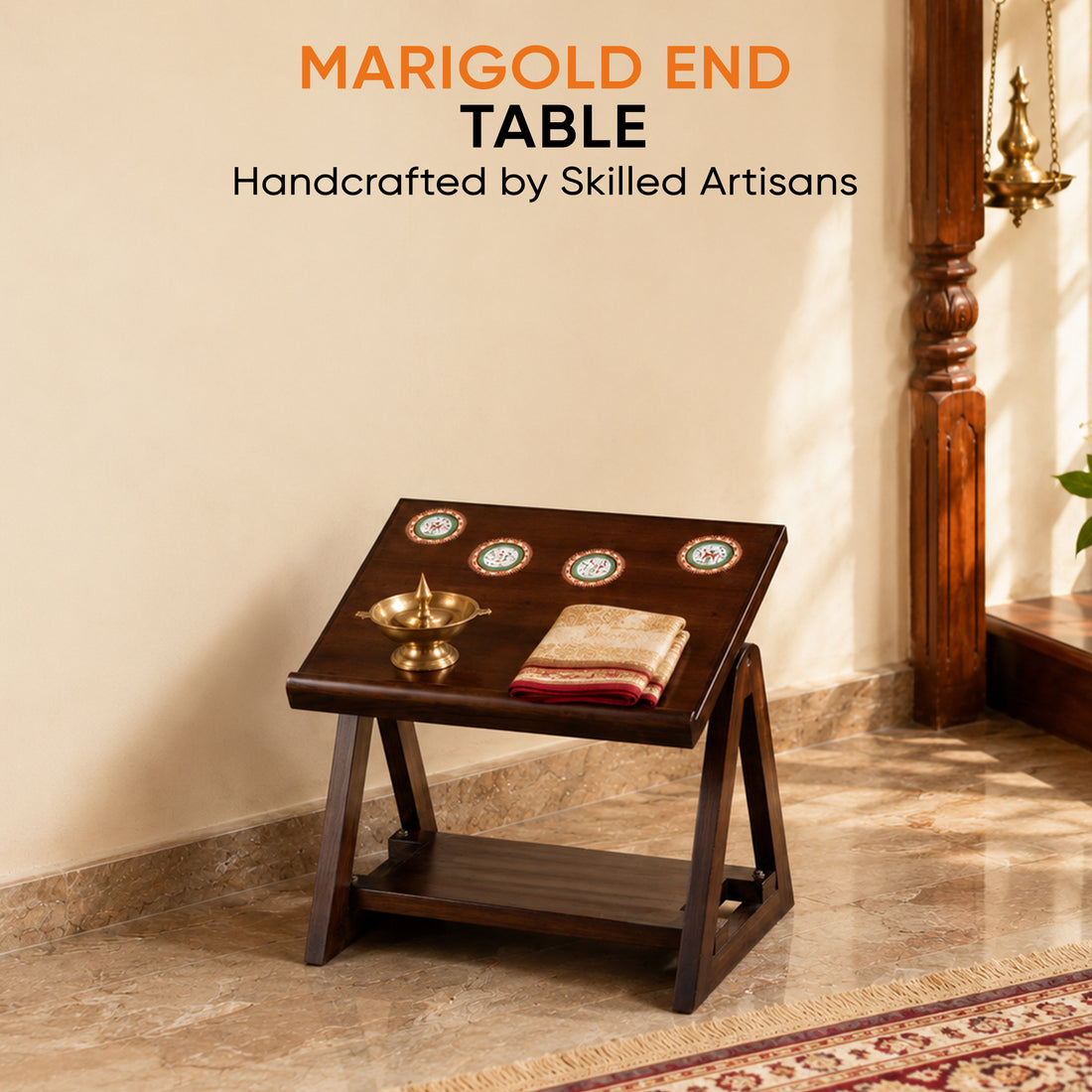 Marigold End Table for Laptop in Teakwood with Walnut Matte Finish (18x14x15)