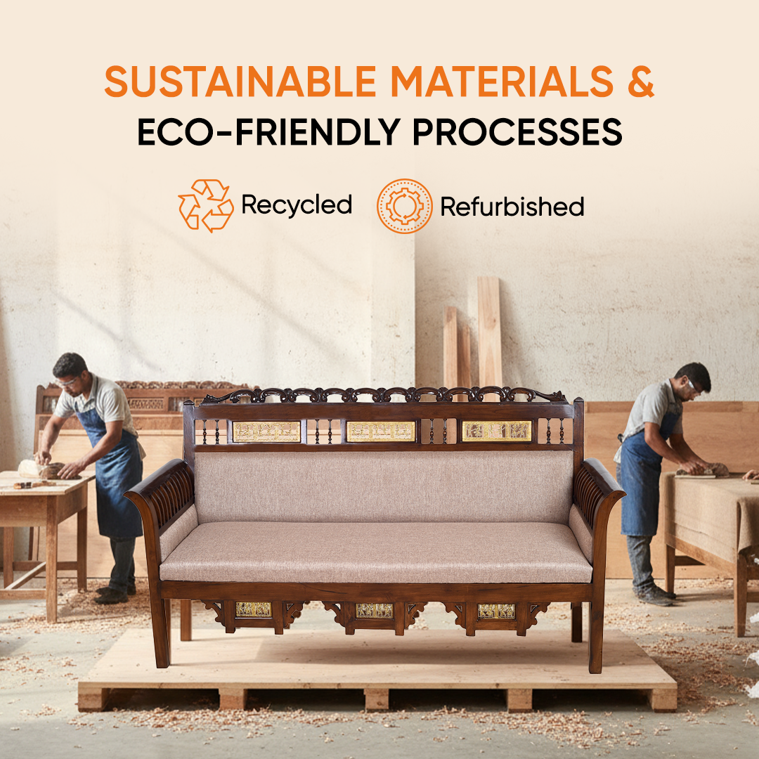 Maharaja Three Seater Sofa in Teakwood with Walnut Finish adorned with Dhokra Brass Frames