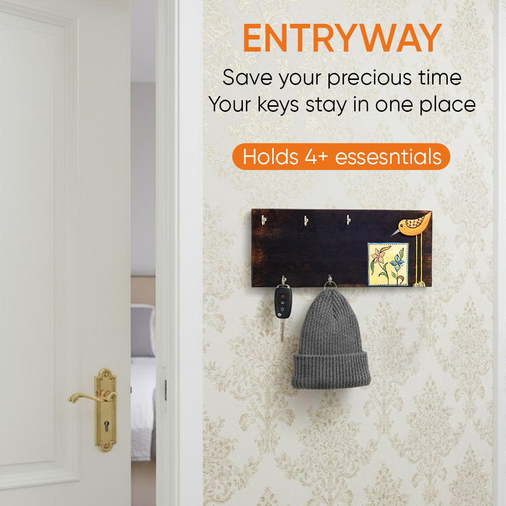 Rio Hand Painted Wooden Key Holder, Horizontal Wall Mounted Key Hanger with Bird and Floral Art for Entryway and Homedecor