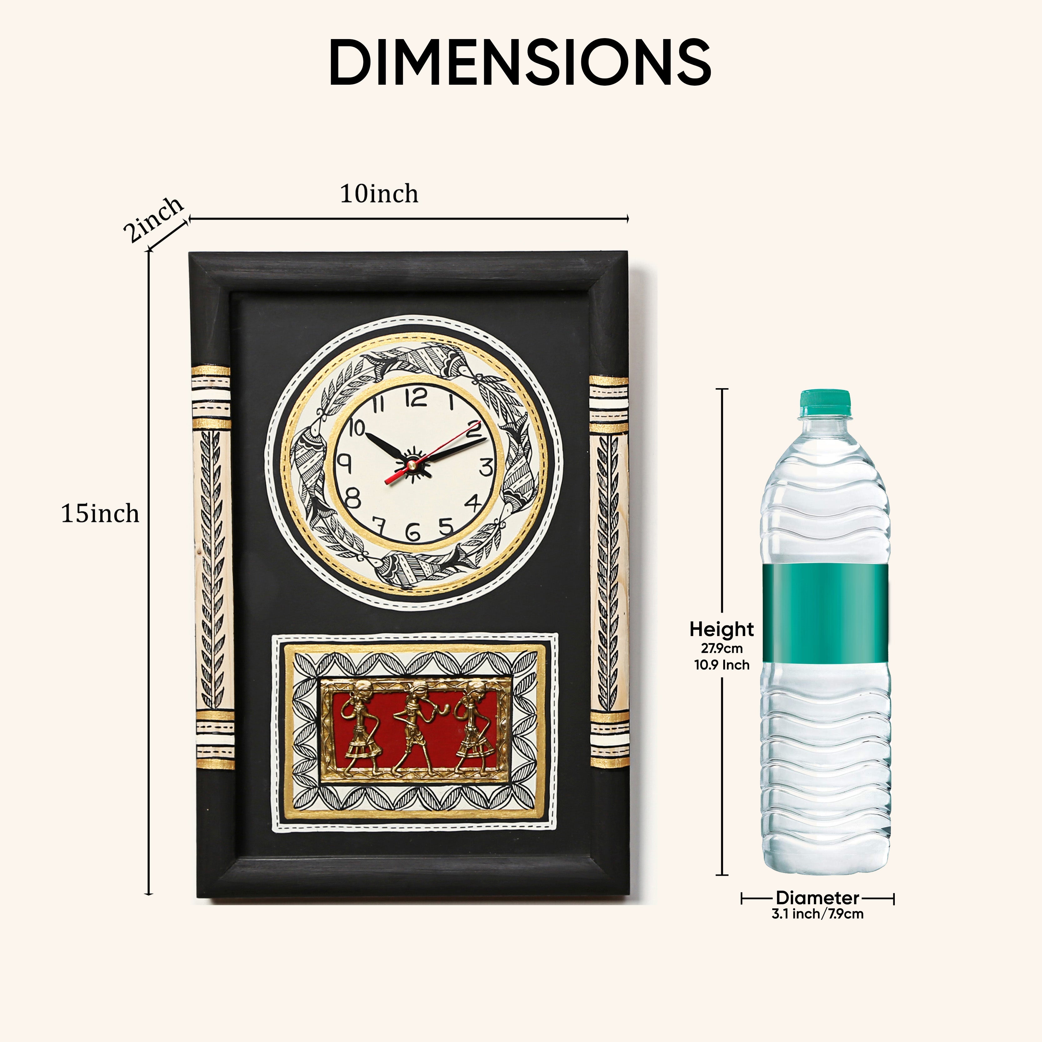 Wall Clock Handcrafted Warli/Dhokra Art Black Dial with Glass Frame (10x15)