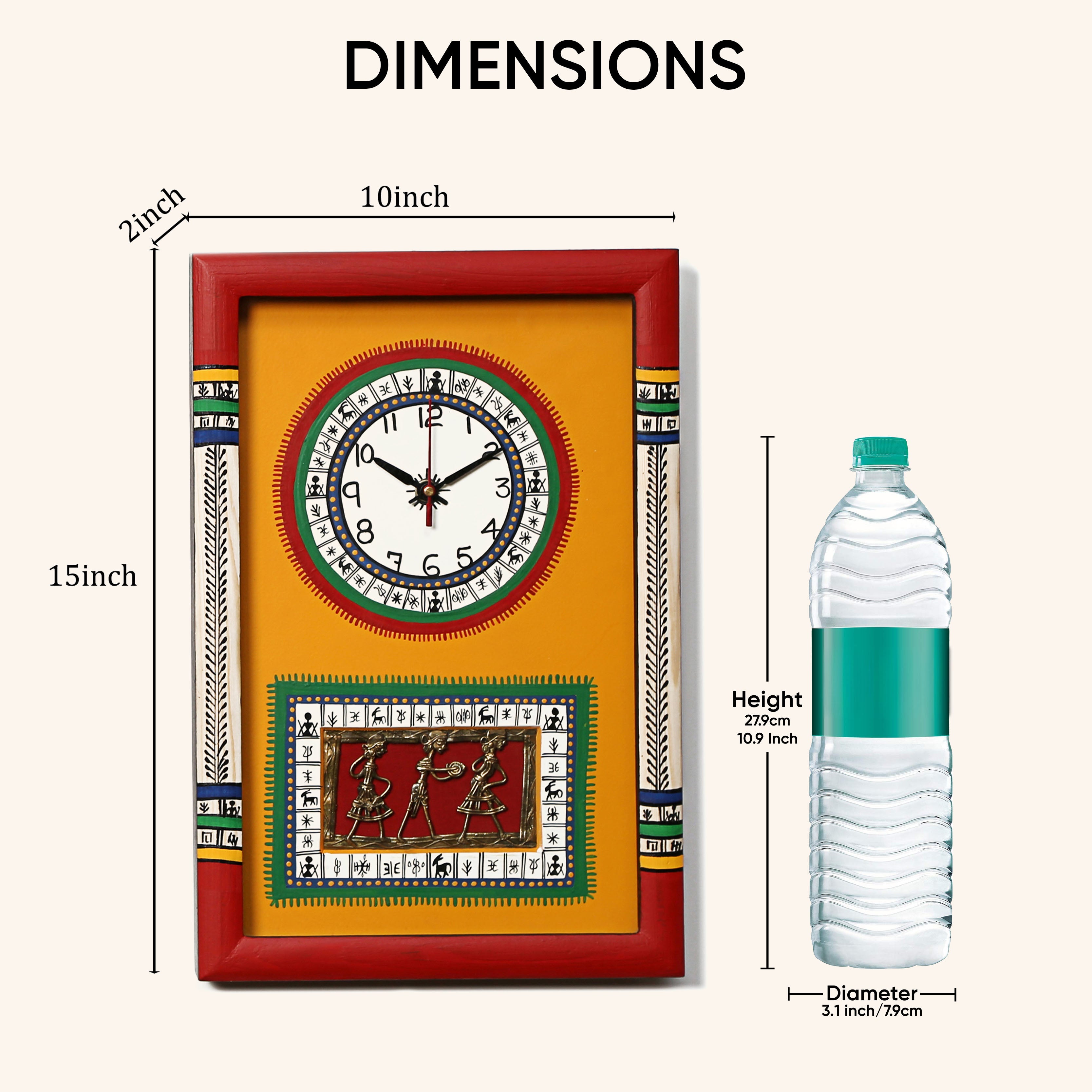 Wall Clock Handcrafted Warli/Dhokra Art Yellow Dial with Glass Frame (10x15)
