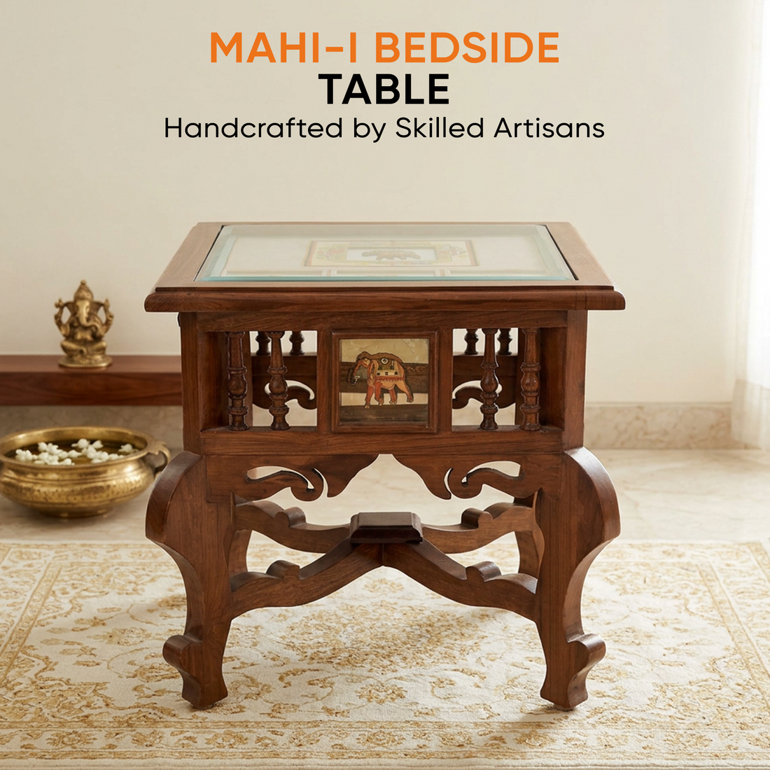 Mahi-I Bedside Table with Oriental Legs in Teakwood with Walnut Matte Finish