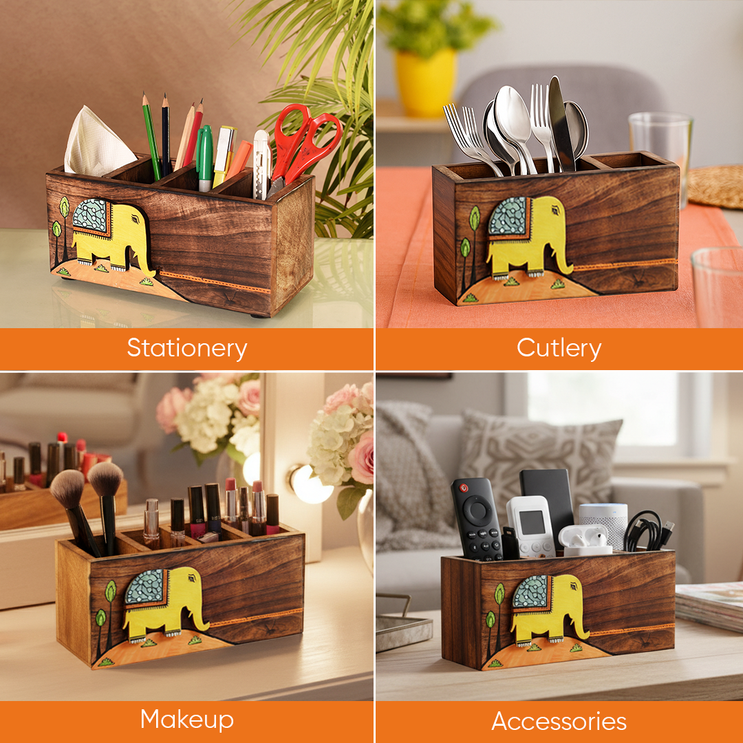Hola Hand Painted Wooden Cutlery Holder, Artisan Organizer for Dining Table and Kitchen