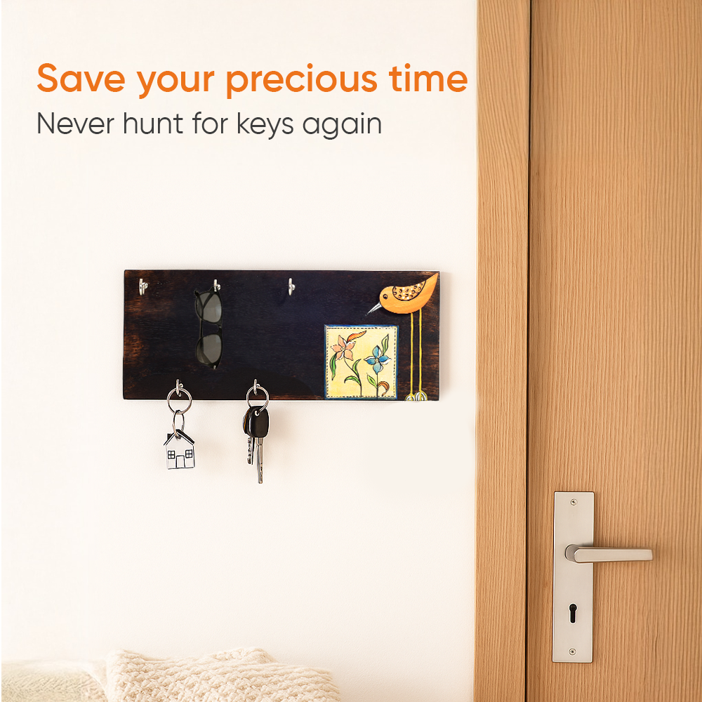 Rio Hand Painted Wooden Key Holder, Horizontal Wall Mounted Key Hanger with Bird and Floral Art for Entryway and Homedecor