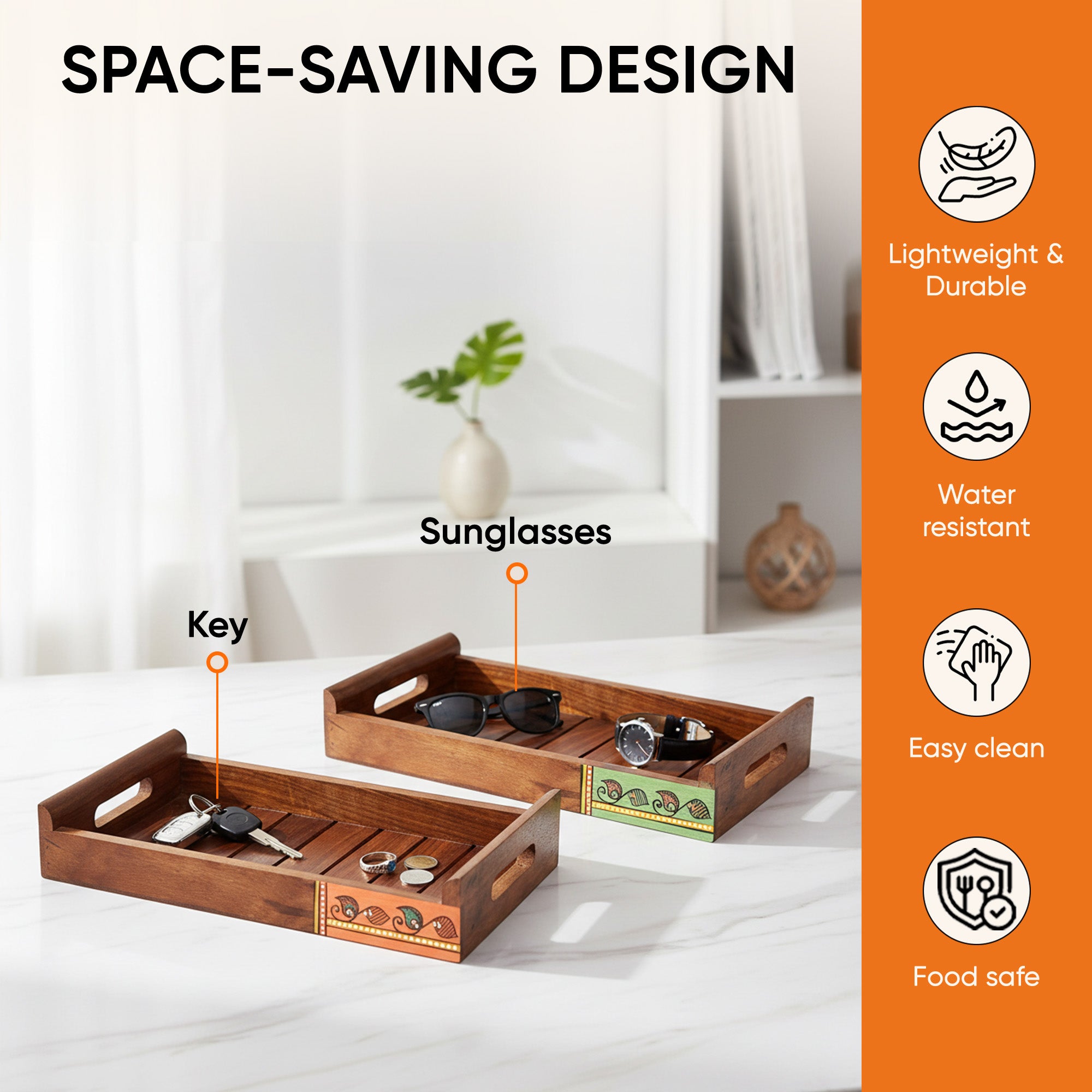 Trays with Madhubani Patterns Handcrafted in RoseWood (set of 2) (13x7/11.5x5.5")