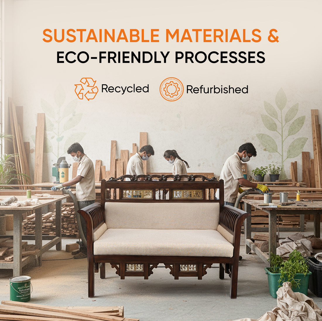 Maharaja Double Seater Sofa in Teakwood with Walnut Finish adorned with Dhokra Brass Frames (51x26x38)